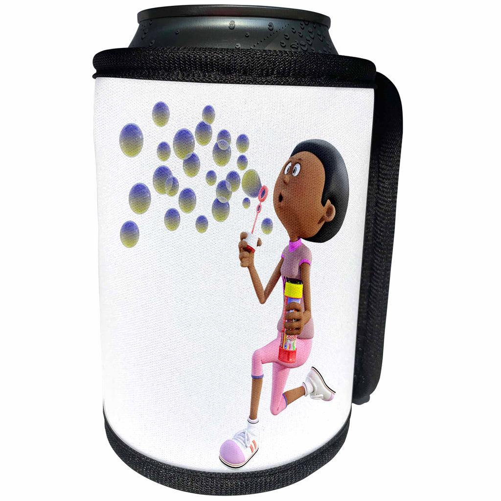 3dRose Boehm Graphics Cartoon - Young African American Girl Blowing Bubbles - Can Cooler Bottle Wrap (cc_253261)