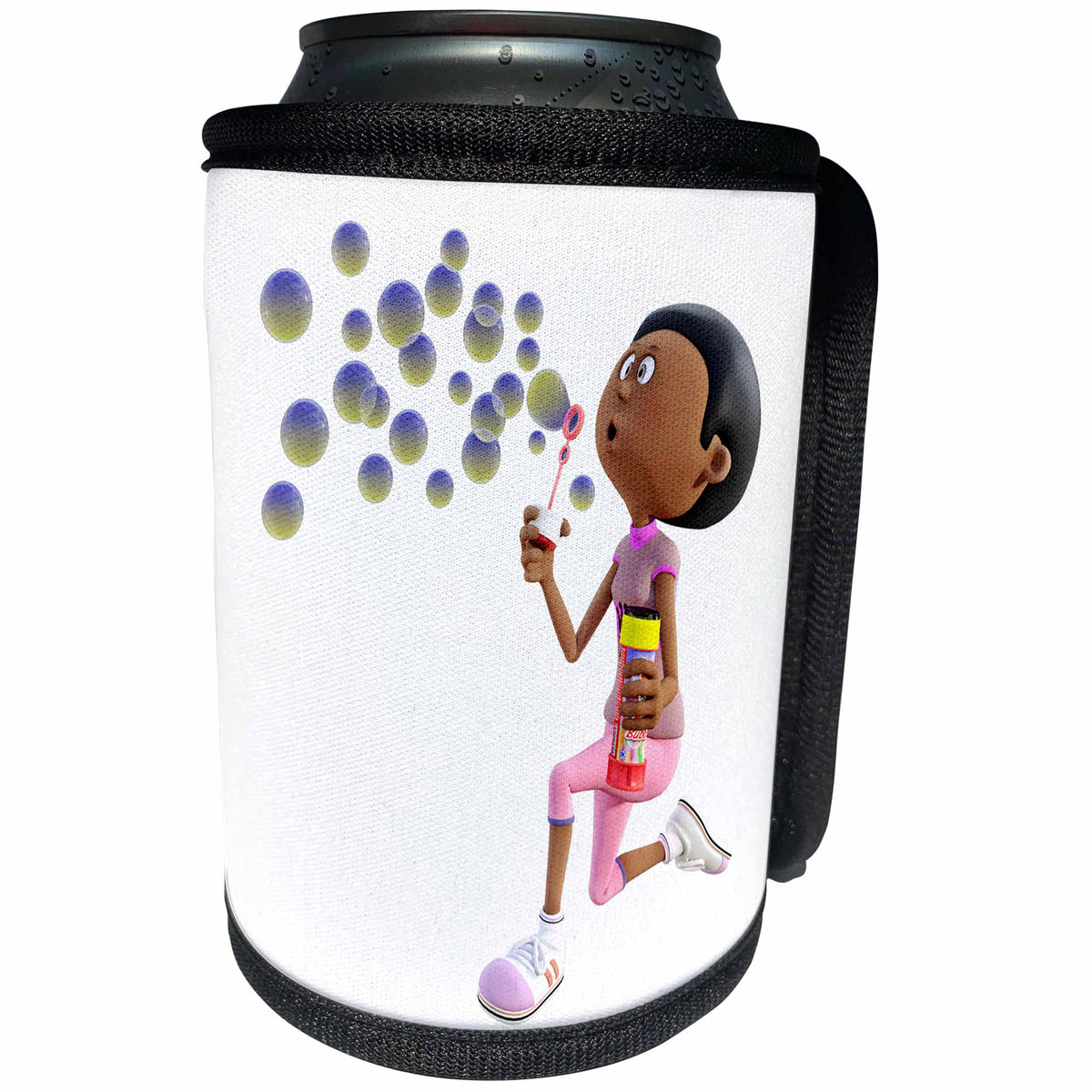 3dRose Boehm Graphics Cartoon - Young African American Girl Blowing Bubbles - Can Cooler Bottle Wrap (cc_253261)