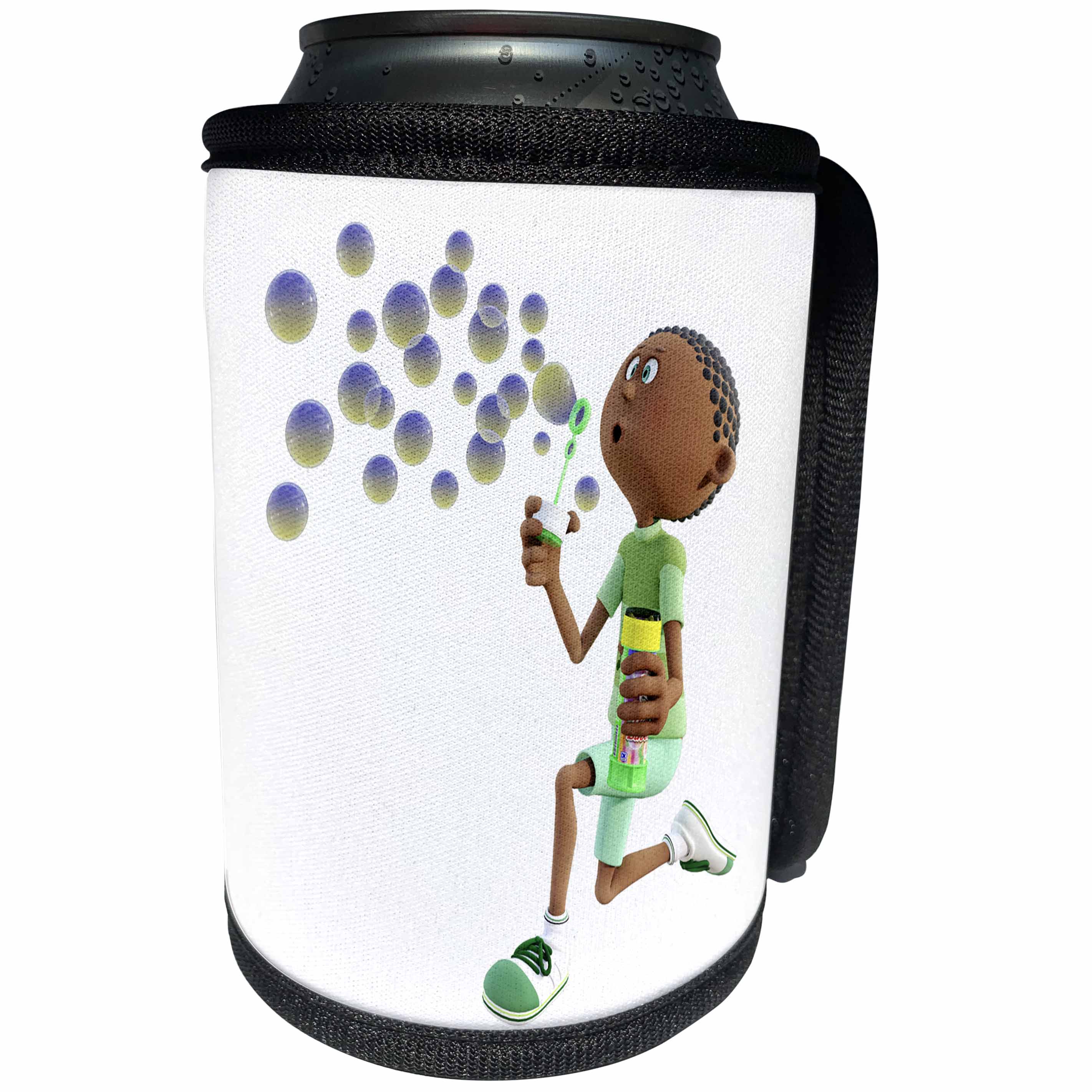 3dRose Boehm Graphics Cartoon - Young African American Boy Blowing Bubbles - Can Cooler Bottle Wrap (cc_253262)