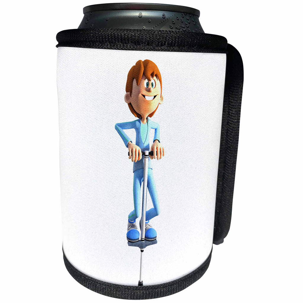 3dRose Boehm Graphics Cartoon - Cartoon Boy on a Pogo Stick - Can Cooler Bottle Wrap (cc_253265)