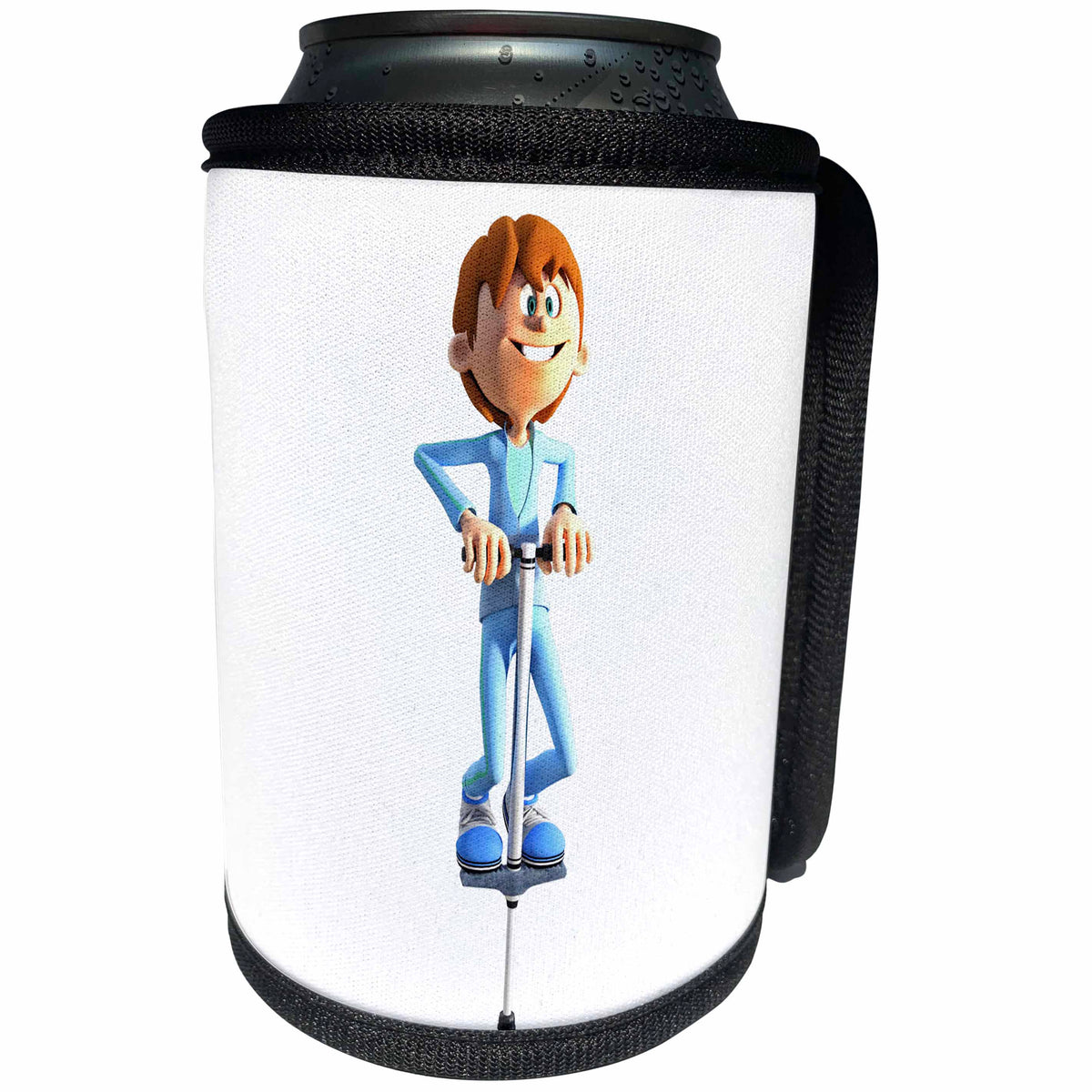 3dRose Boehm Graphics Cartoon - Cartoon Boy on a Pogo Stick - Can Cooler Bottle Wrap (cc_253265)