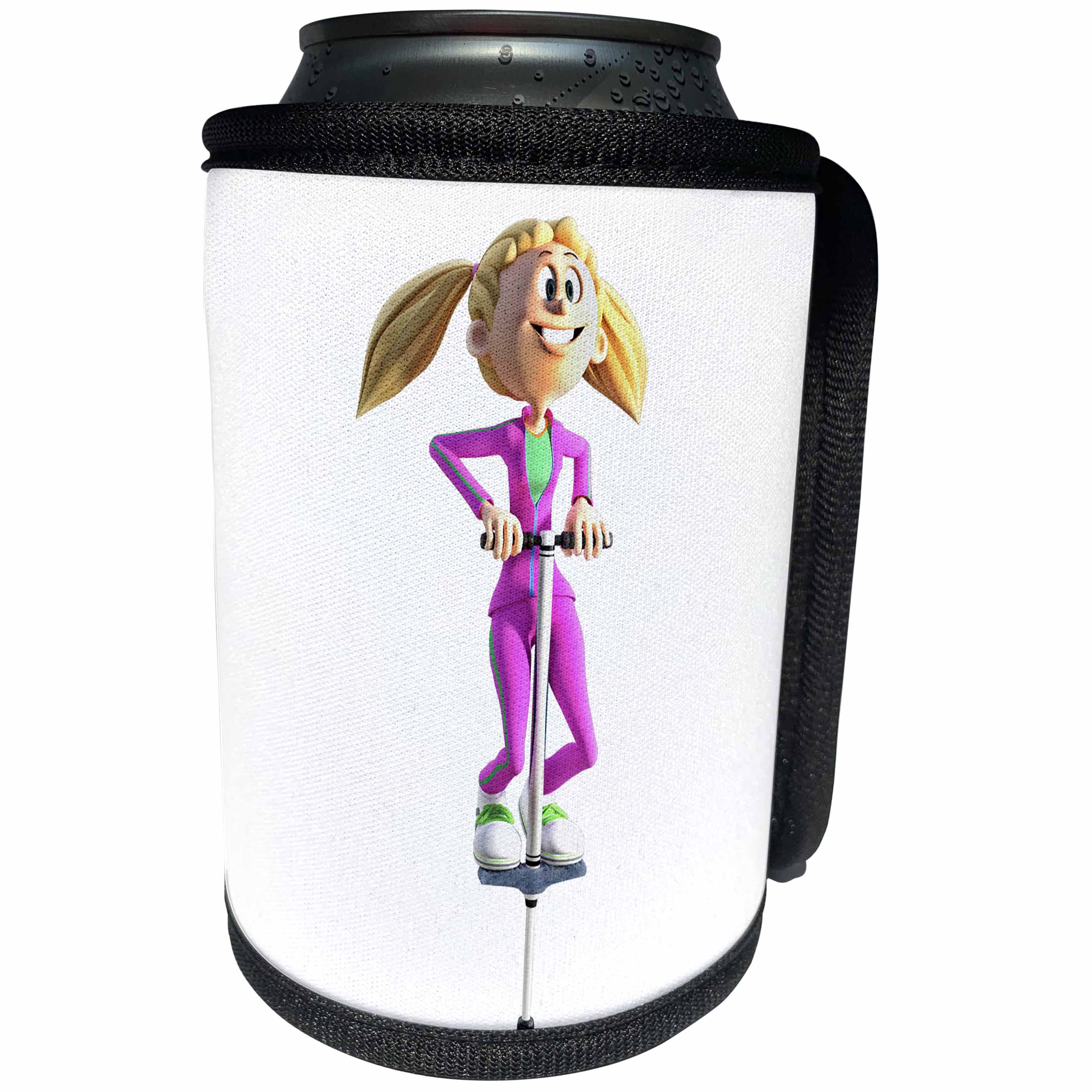 3dRose Boehm Graphics Cartoon - Cartoon Girl on a Pogo Stick - Can Cooler Bottle Wrap (cc_253266)