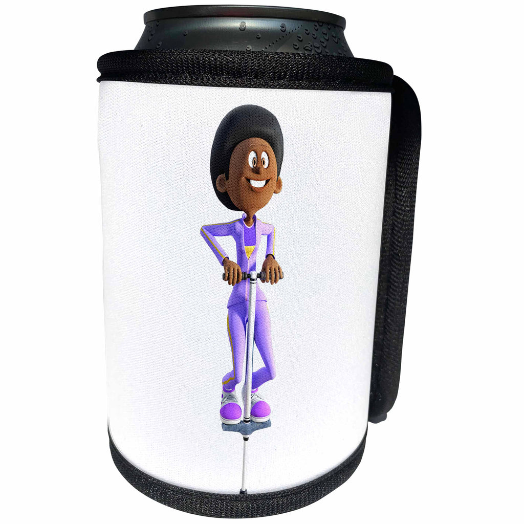 3dRose Boehm Graphics Cartoon - Cartoon African American Girl on a Pogo Stick - Can Cooler Bottle Wrap (cc_253268)