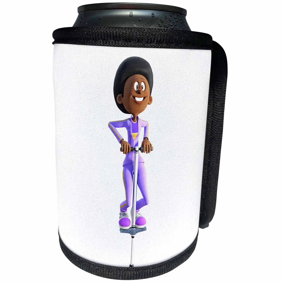 3dRose Boehm Graphics Cartoon - Cartoon African American Girl on a Pogo Stick - Can Cooler Bottle Wrap (cc_253268)