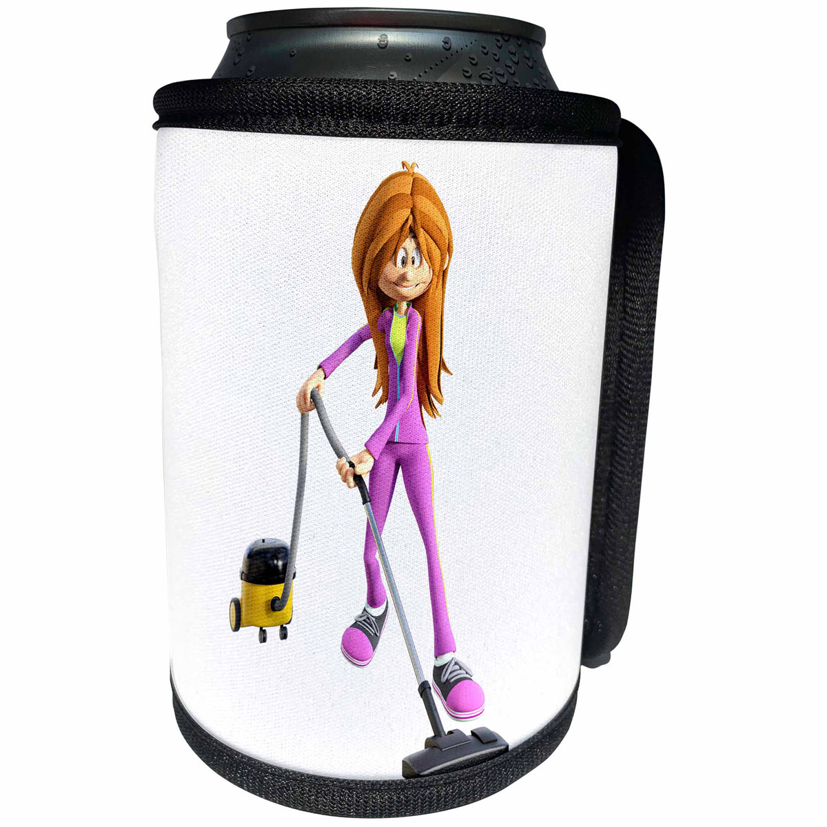 3dRose Boehm Graphics Cartoon - Cartoon Woman Using A Vacuum Cleaner - Can Cooler Bottle Wrap (cc_253269)