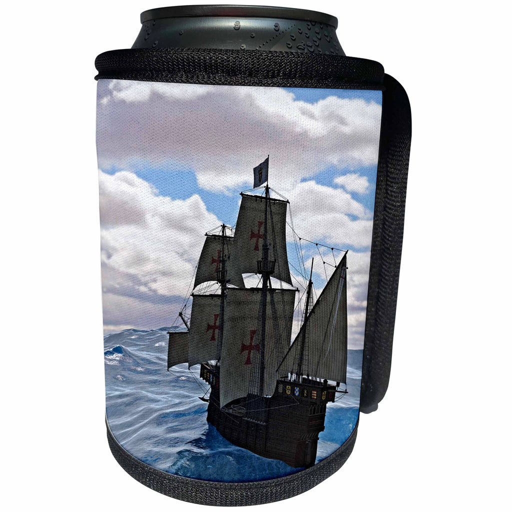 3dRose Boehm Graphics Ship - Medieval Ship Sailing on a Rough Sea on a Cloudy Day - Can Cooler Bottle Wrap (cc_253274)