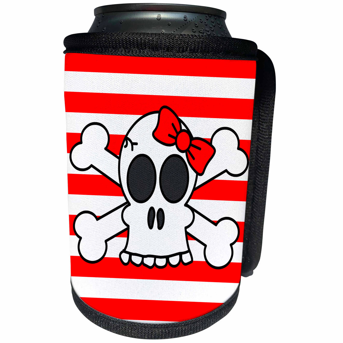3dRose Janna Salak Designs Gothic - Cute Punk Goth Red Stripe Skull with Bow - Can Cooler Bottle Wrap (cc_25335)
