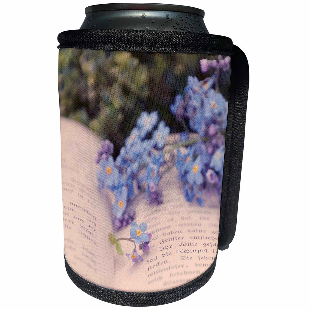 3dRose Uta Naumann Photography Flowers - Still life with Book and Forget-Me-Not Flower - Can Cooler Bottle Wrap (cc_253379)