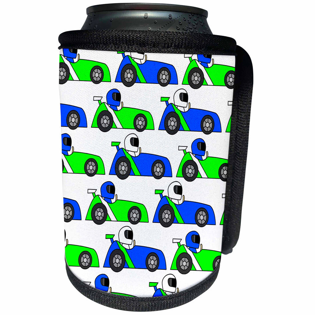 3dRose Janna Salak Designs Racing - Boy Stuff Blue and Green Racecar Print - Can Cooler Bottle Wrap (cc_25339)