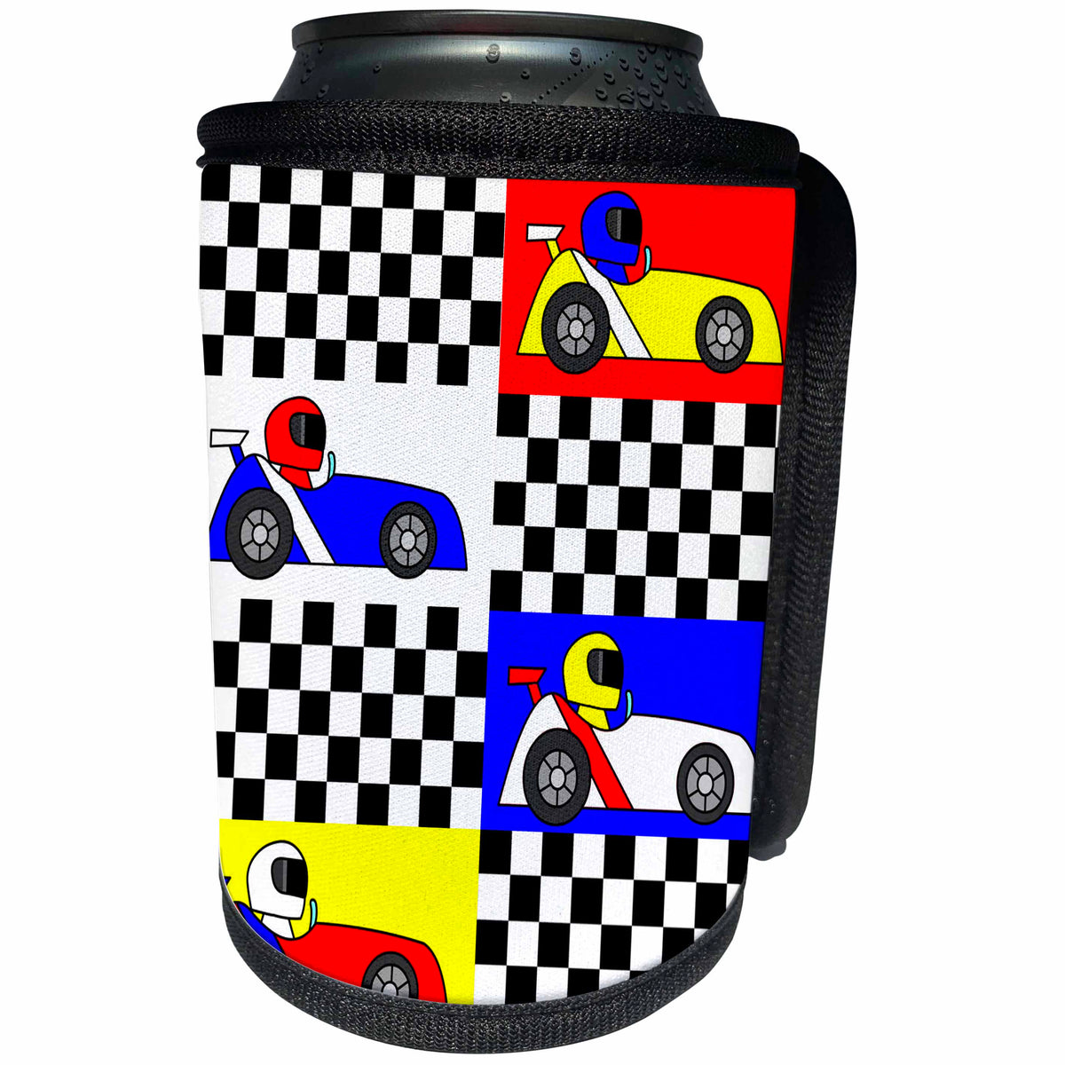 3dRose Janna Salak Designs Racing - Boy Stuff Blue Red Yellow Racecars Checkered Flag Design - Can Cooler Bottle Wrap (cc_25340)