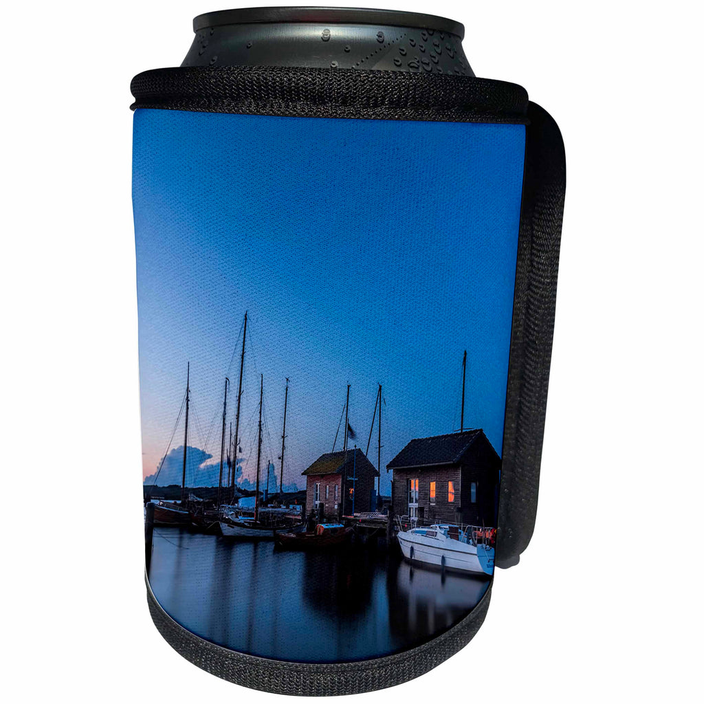 3dRose Uta Naumann Photography Landscapes - Landscape Photography Harbour Blue Hour with Boat and Houses - Can Cooler Bottle Wrap (cc_253402)