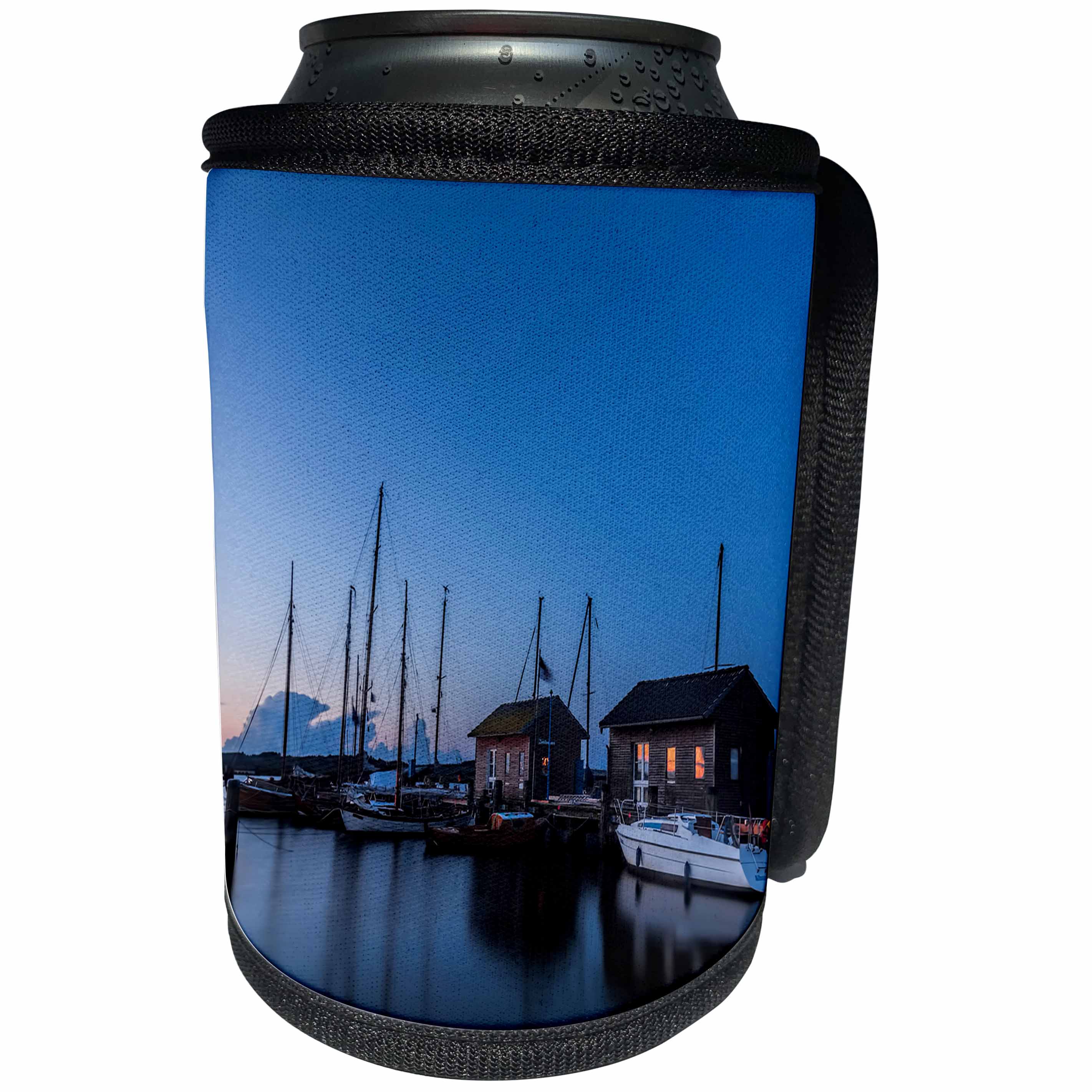 3dRose Uta Naumann Photography Landscapes - Landscape Photography Harbour Blue Hour with Boat and Houses - Can Cooler Bottle Wrap (cc_253402)