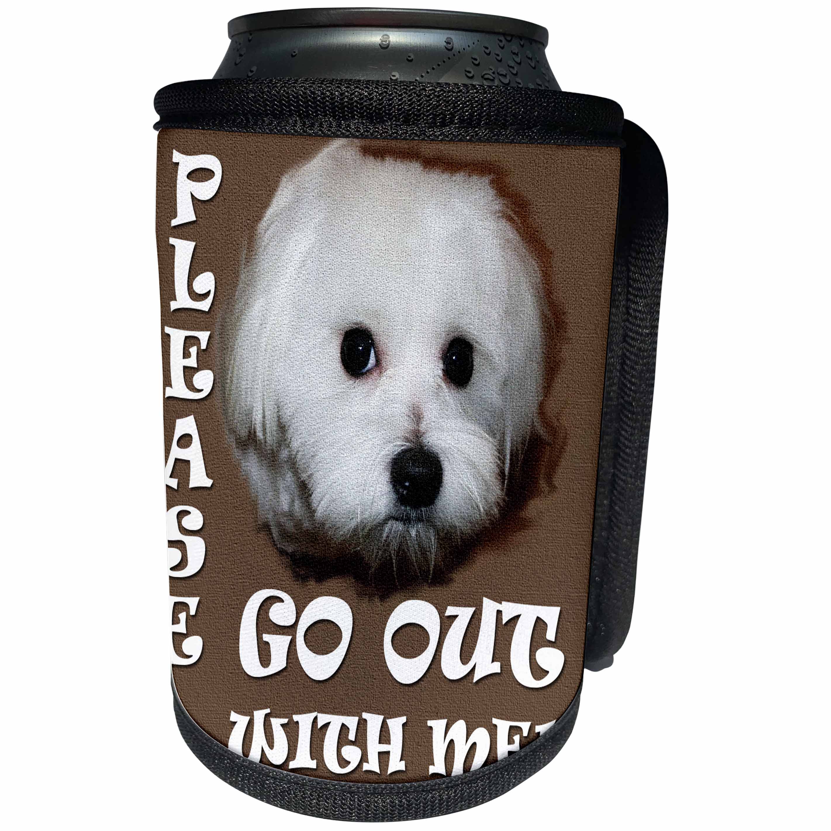 3dRose RinaPiro - Funny Quotes - Please go out with me. Cute white Maltese. - Can Cooler Bottle Wrap (cc_253503)