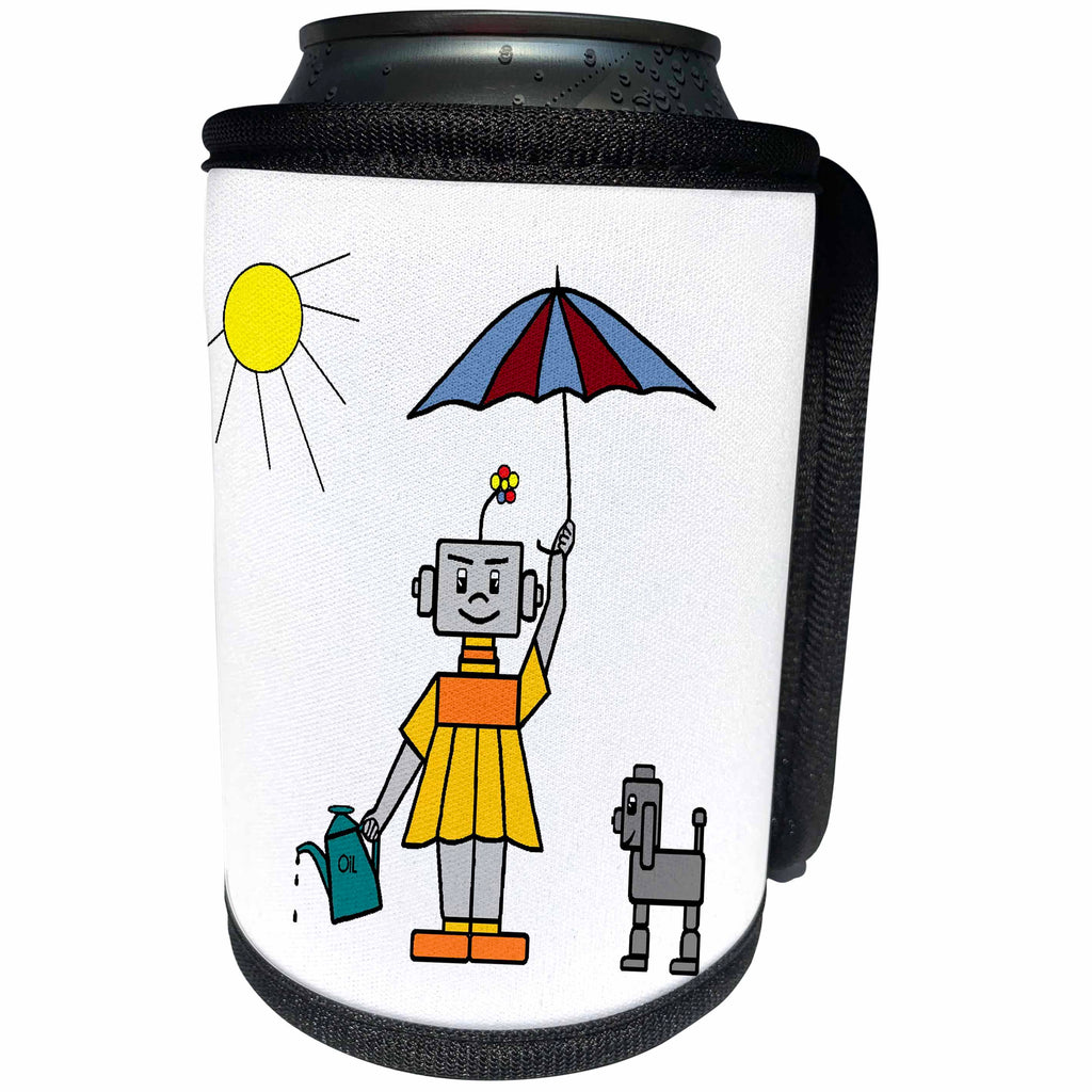 3dRose Costasonlineshop Art of Kids - Robot girl with oilcan on the way to gas station - Can Cooler Bottle Wrap (cc_253506)