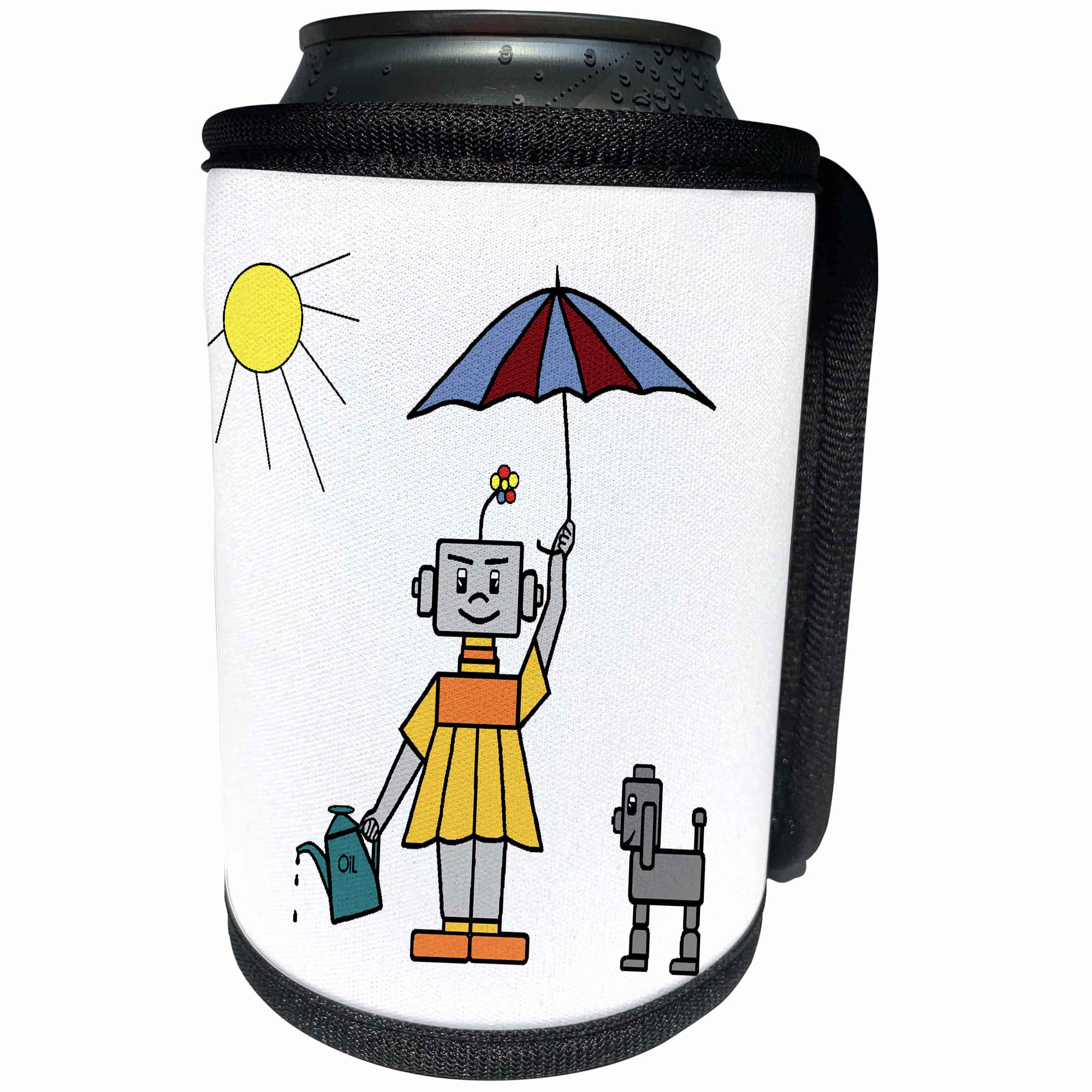 3dRose Costasonlineshop Art of Kids - Robot girl with oilcan on the way to gas station - Can Cooler Bottle Wrap (cc_253506)