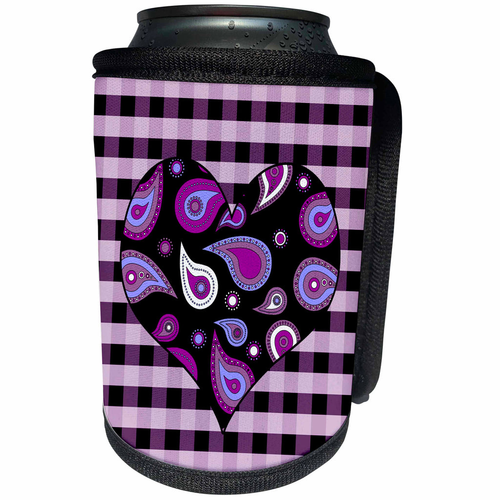 3dRose Janna Salak Designs Prints and Patterns - Purple Paisley Heart on Purple and White Check - Can Cooler Bottle Wrap (cc_25354)