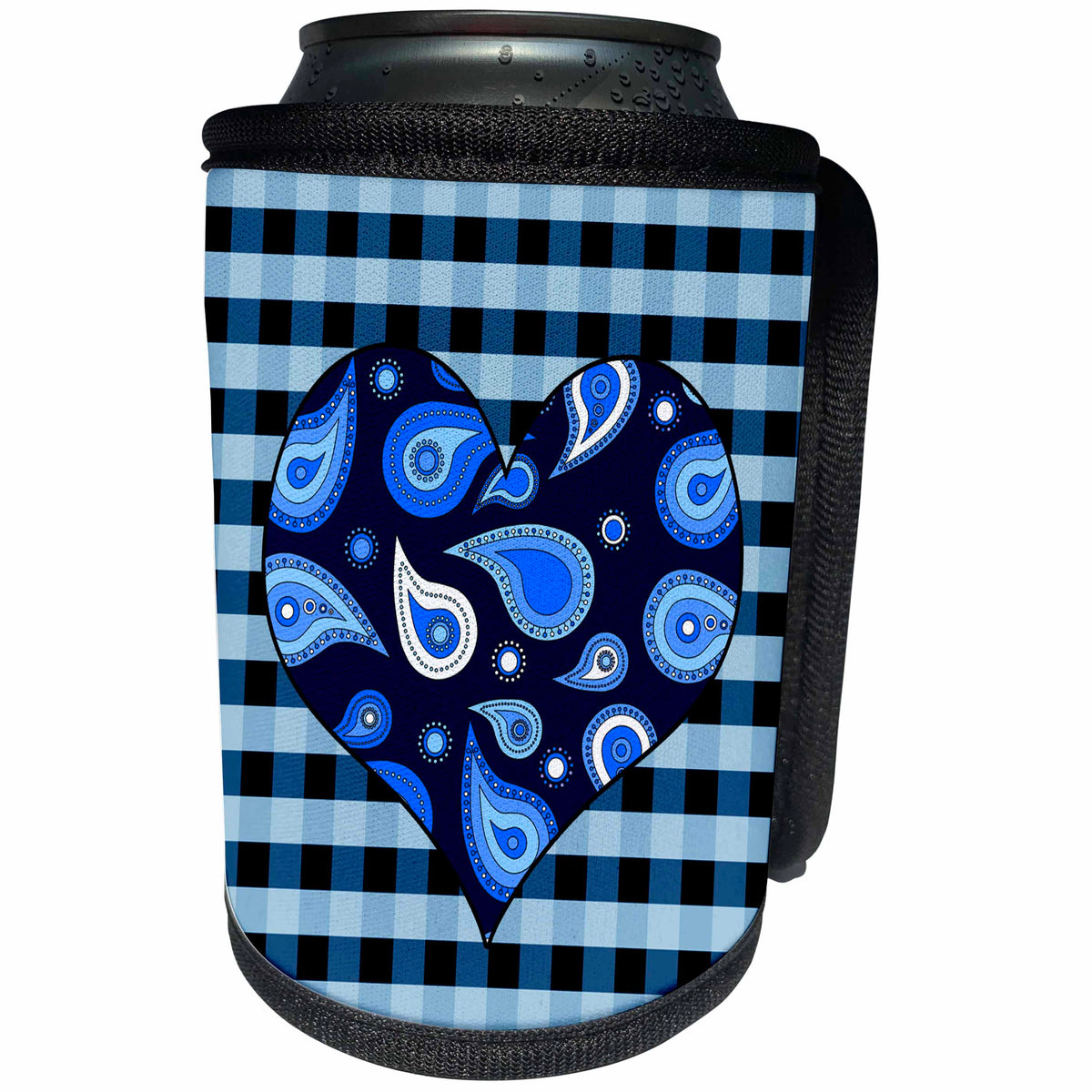 3dRose Janna Salak Designs Prints and Patterns - Blue Paisley Heart on Blue and White Check - Can Cooler Bottle Wrap (cc_25355)