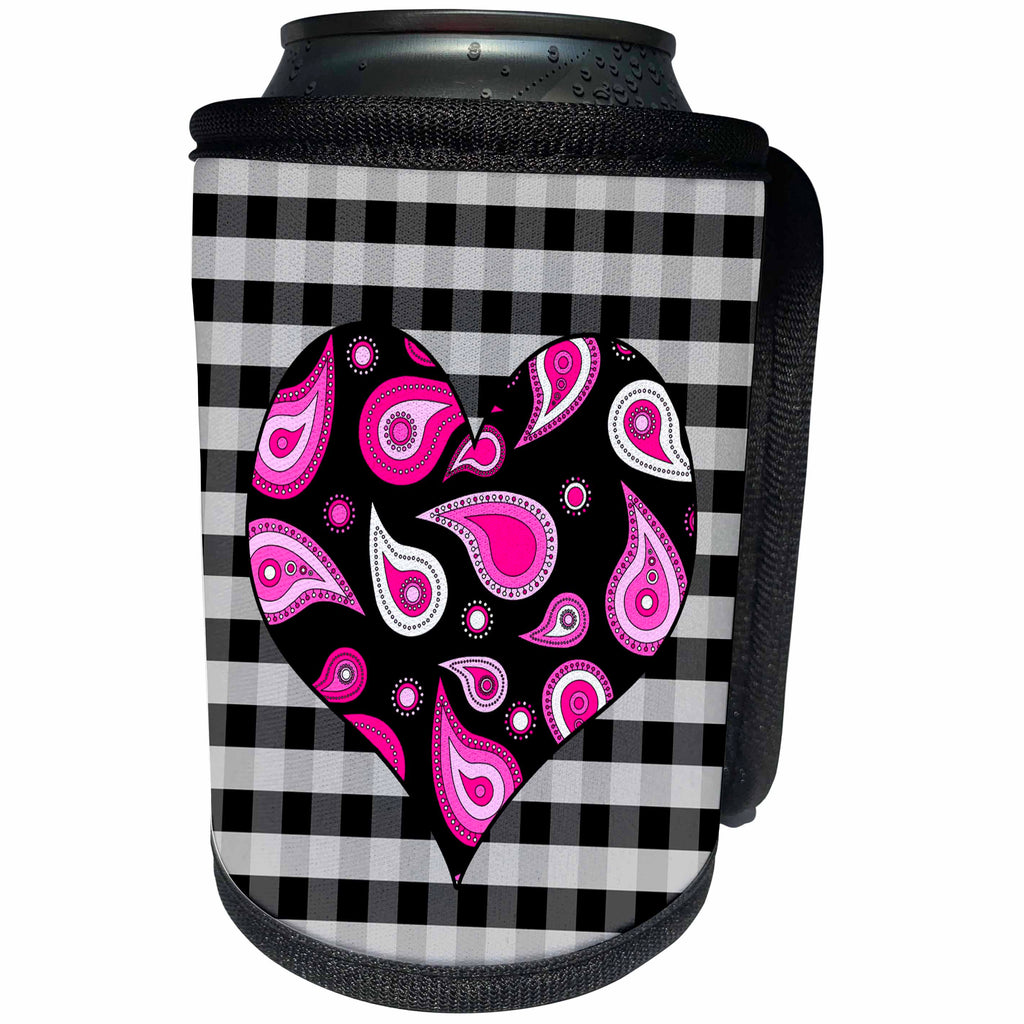 3dRose Janna Salak Designs Prints and Patterns - Pink Paisley Heart on Black and White Check - Can Cooler Bottle Wrap (cc_25356)