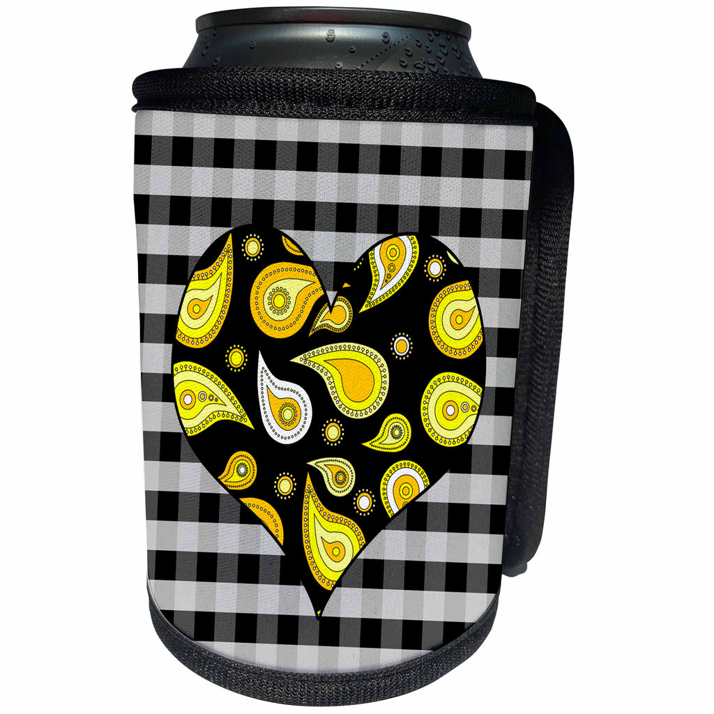 3dRose Janna Salak Designs Prints and Patterns - Yellow Paisley Heart on Black and White Check - Can Cooler Bottle Wrap (cc_25358)