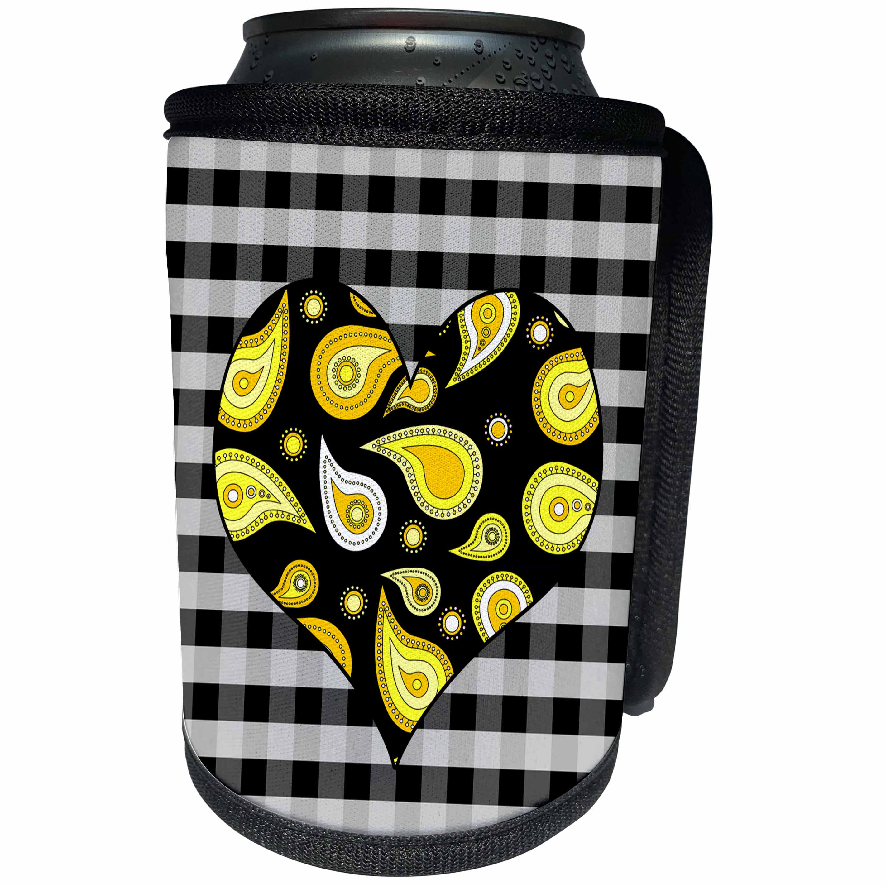 3dRose Janna Salak Designs Prints and Patterns - Yellow Paisley Heart on Black and White Check - Can Cooler Bottle Wrap (cc_25358)