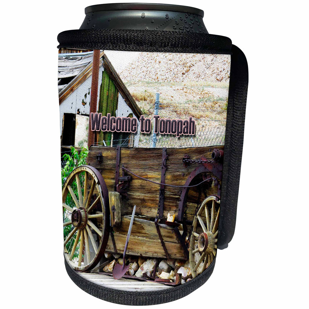 3dRose Jos Fauxtographee- Welcome to Tonopah - An old wagon with Welcome to Tonopah ion Nevada near mine - Can Cooler Bottle Wrap (cc_253652)