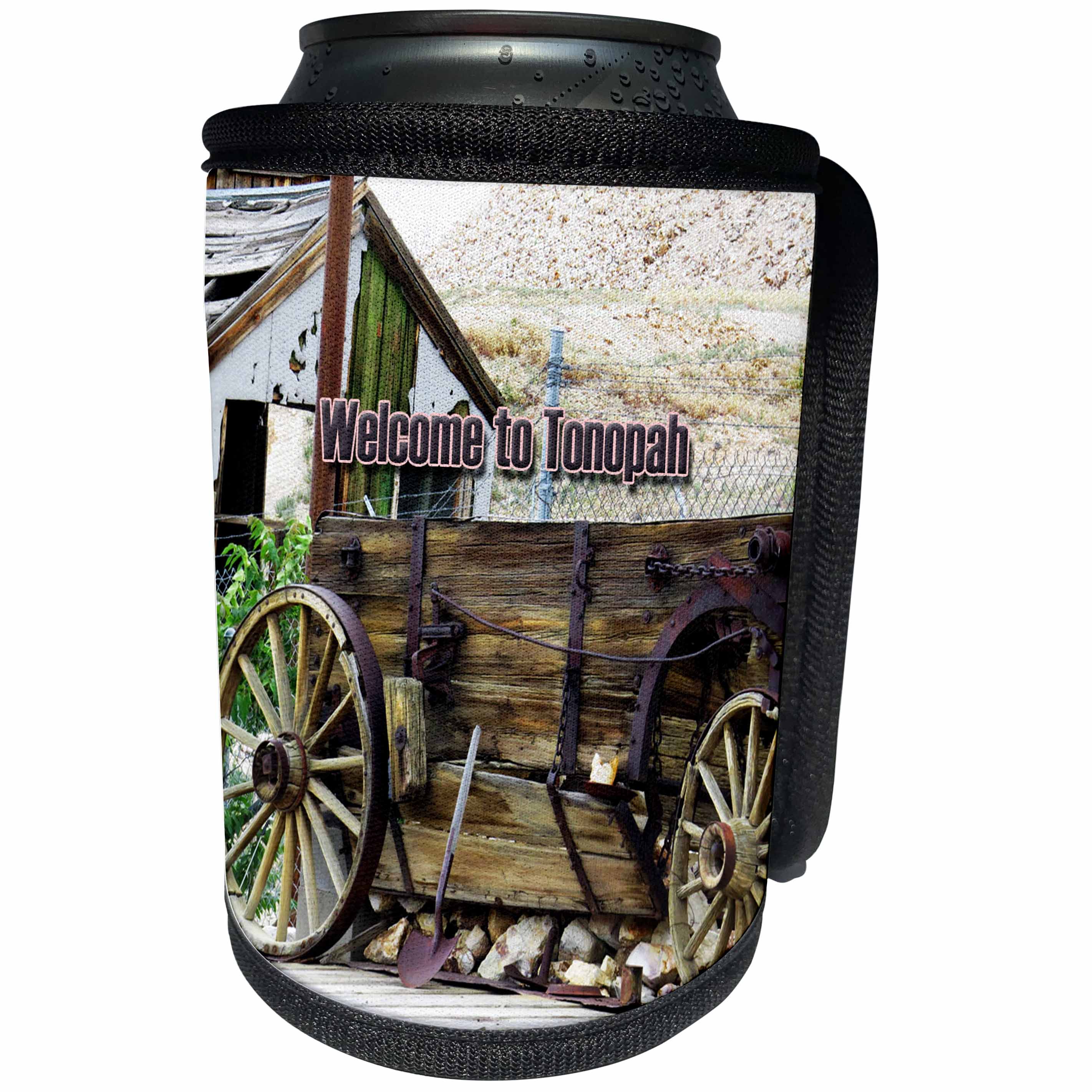 3dRose Jos Fauxtographee- Welcome to Tonopah - An old wagon with Welcome to Tonopah ion Nevada near mine - Can Cooler Bottle Wrap (cc_253652)