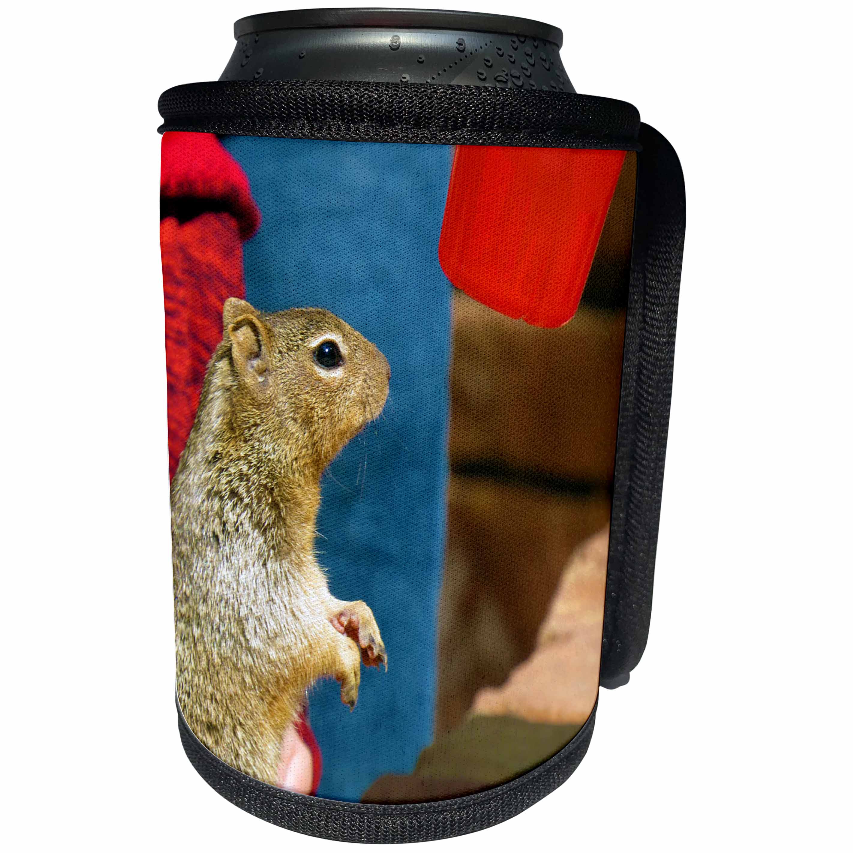 3dRose Jos Fauxtographee- Squirrel with Red Cup - A cute squirrel standing up to a persons red solo cup - Can Cooler Bottle Wrap (cc_253669)