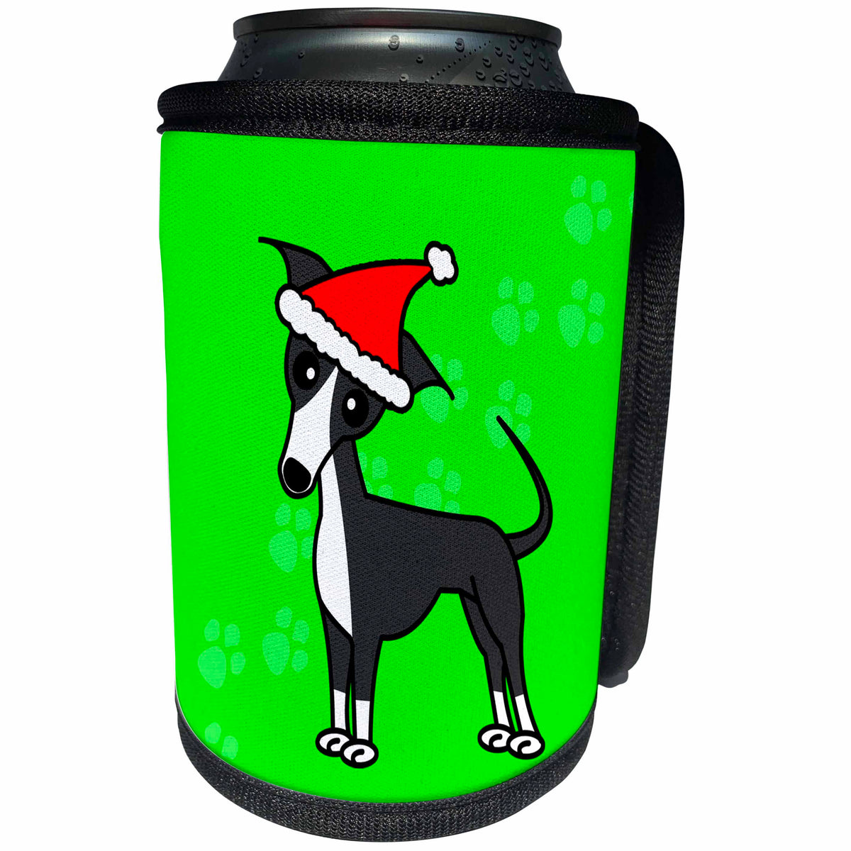 3dRose Janna Salak Designs Dogs - Cute Grey Blue Italian Greyhound Green with Santa Hat - Can Cooler Bottle Wrap (cc_25368)