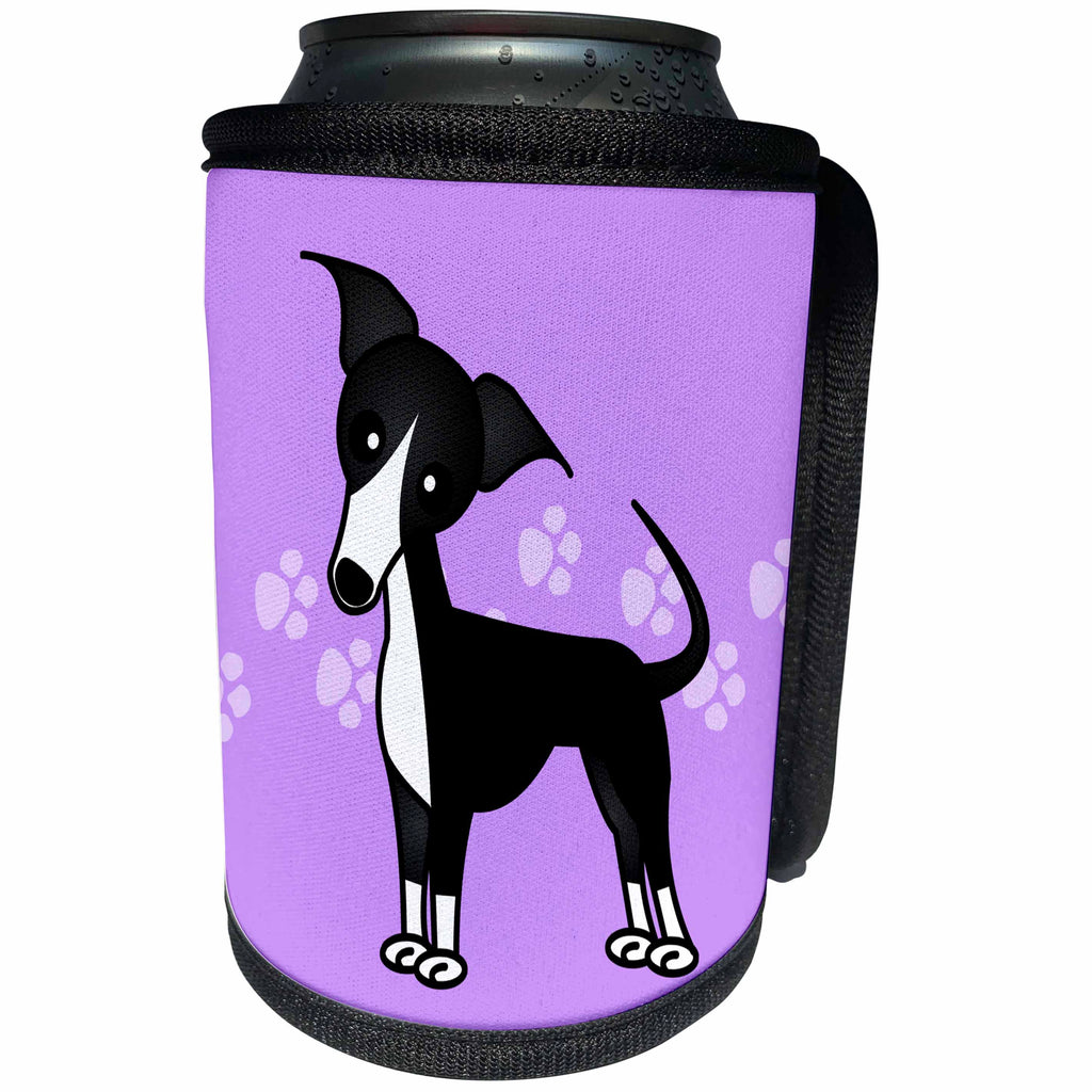 3dRose Janna Salak Designs Dogs - Cute Black Italian Greyhound Purple with Pawprints - Can Cooler Bottle Wrap (cc_25370)