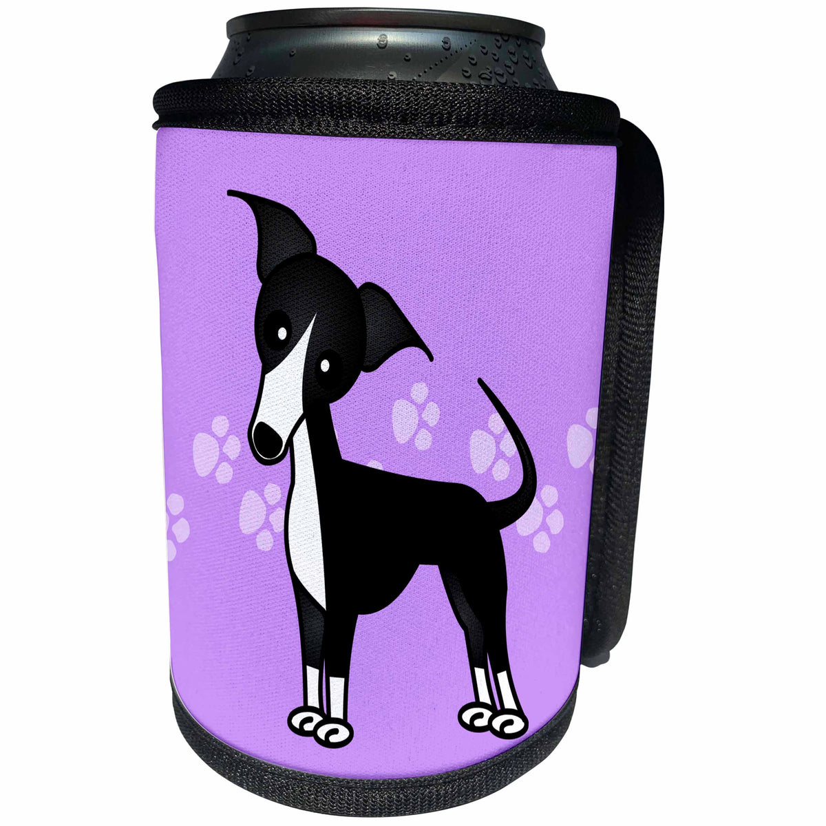 3dRose Janna Salak Designs Dogs - Cute Black Italian Greyhound Purple with Pawprints - Can Cooler Bottle Wrap (cc_25370)