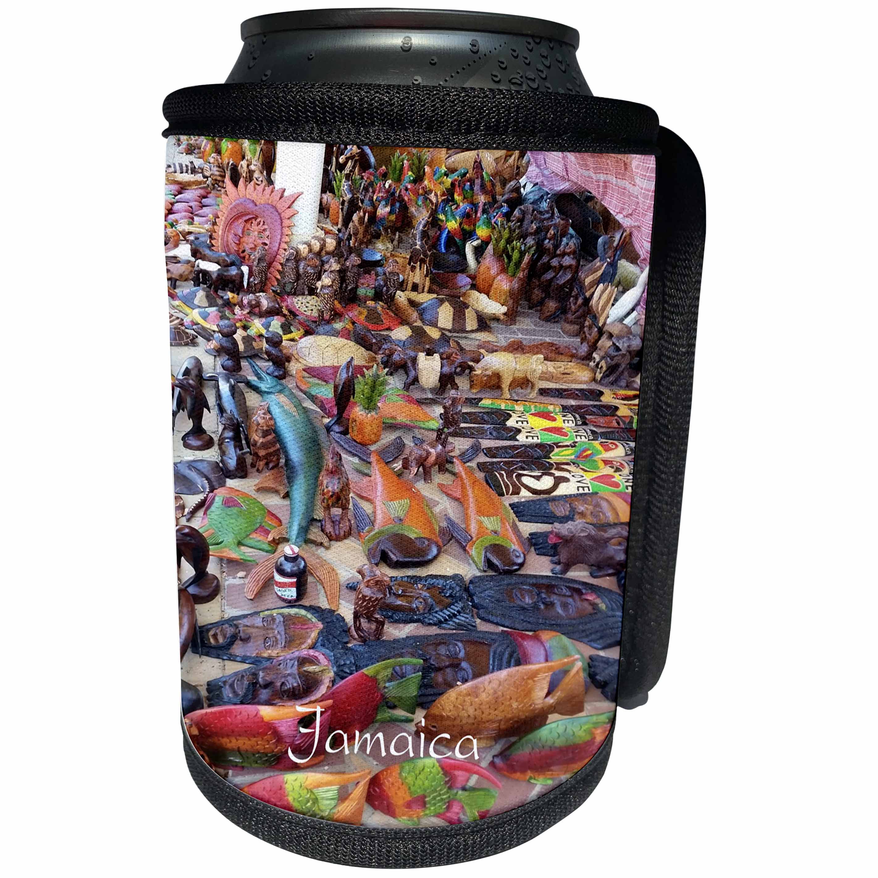 3dRose Florene Cruise Ships Sites - Image O f Jamaican Hand Carved Wood - Can Cooler Bottle Wrap (cc_253700)