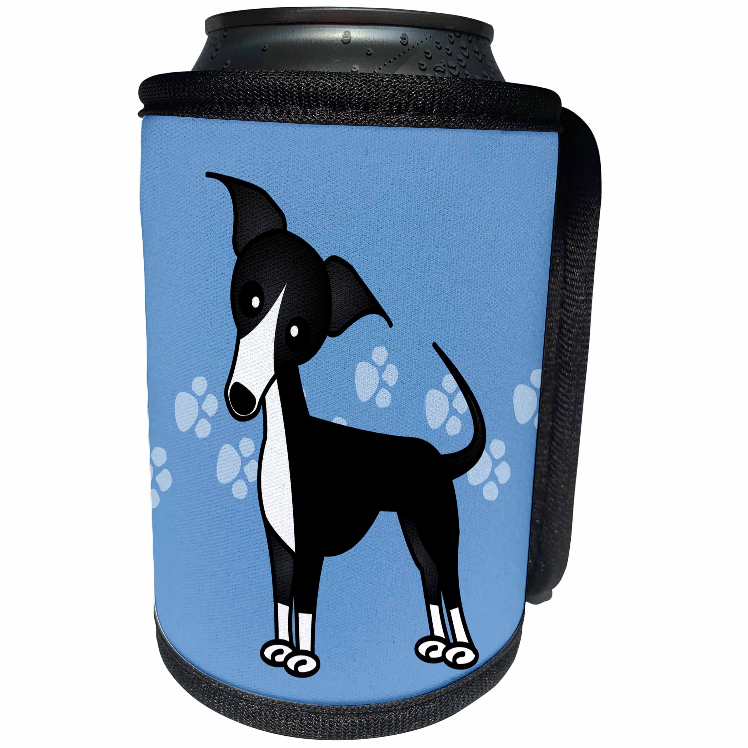 3dRose Janna Salak Designs Dogs - Cute Black Italian Greyhound Blue with Pawprints - Can Cooler Bottle Wrap (cc_25371)