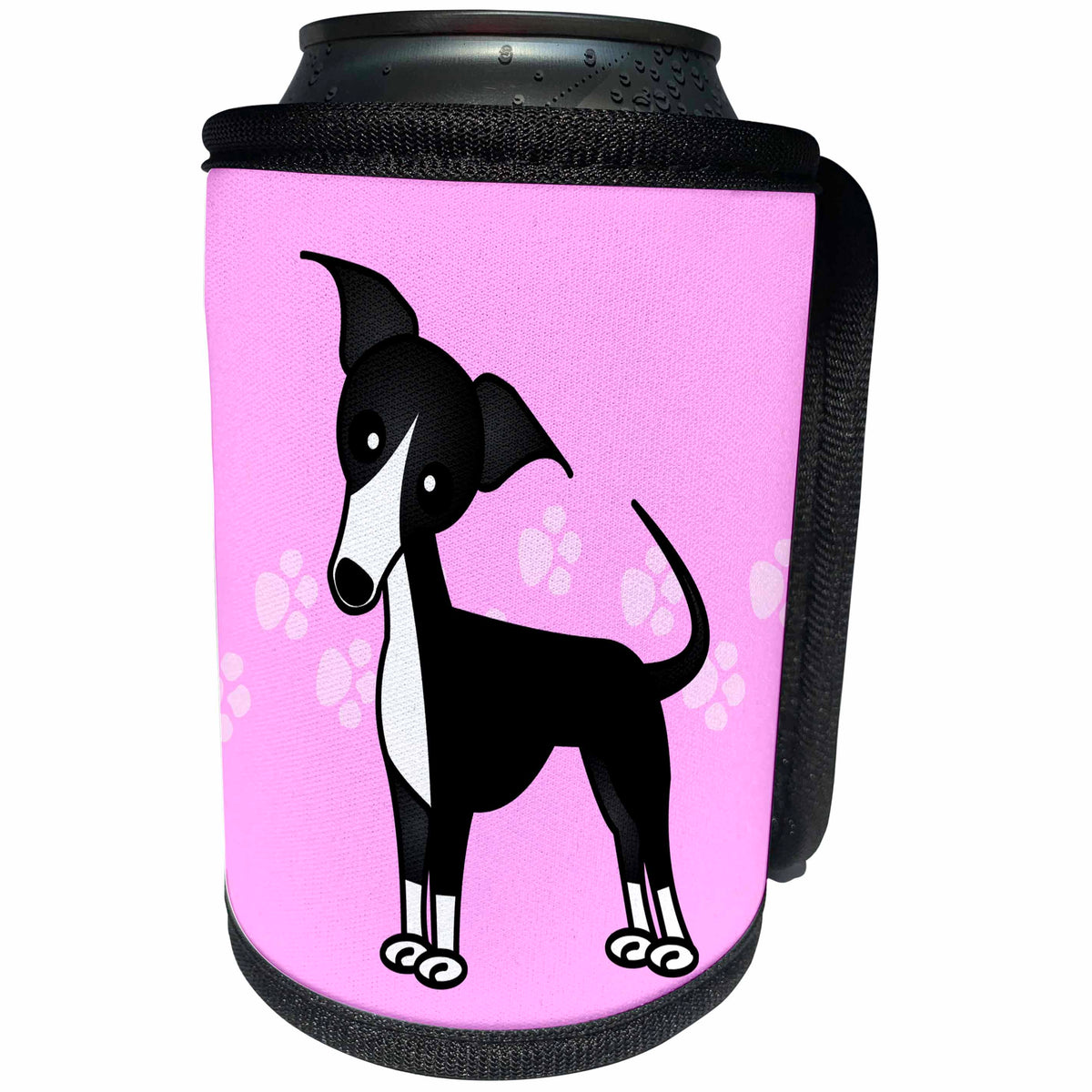 3dRose Janna Salak Designs Dogs - Cute Black Italian Greyhound Pink with Pawprints - Can Cooler Bottle Wrap (cc_25372)