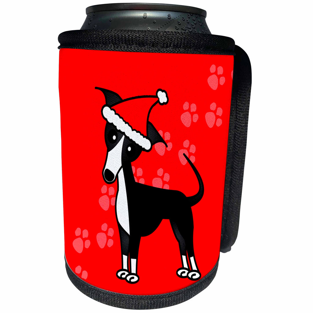 3dRose Janna Salak Designs Dogs - Cute Black Italian Greyhound Red with Santa Hat - Can Cooler Bottle Wrap (cc_25375)