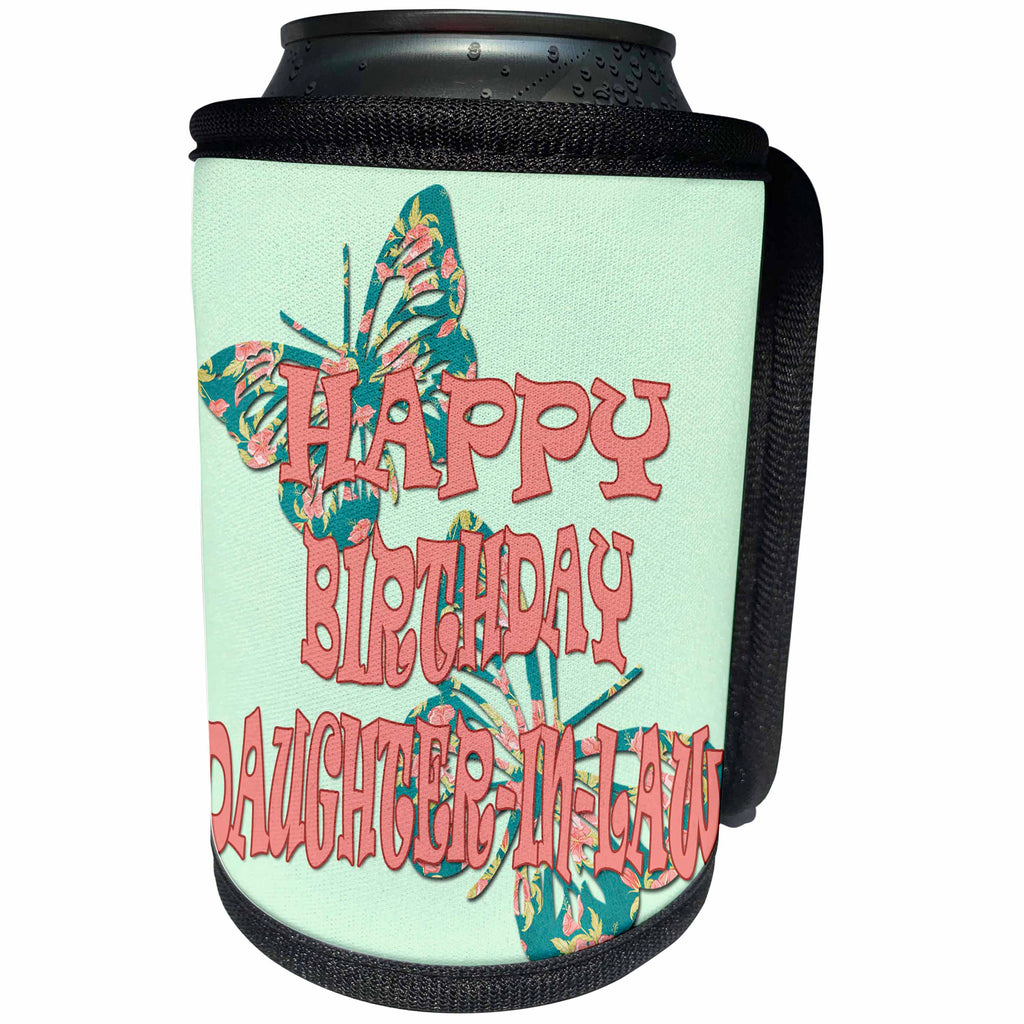 3dRose RinaPiro - Birthday Quotes - Happy Birthday Daughter in law. Butterflies. - Can Cooler Bottle Wrap (cc_253808)