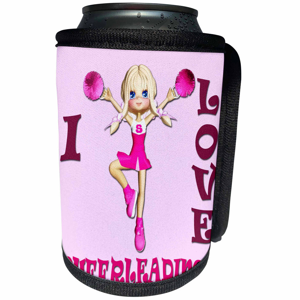 3dRose RinaPiro - Sport Quotes - I love cheerleading. Pink. - Can Cooler Bottle Wrap (cc_253837)