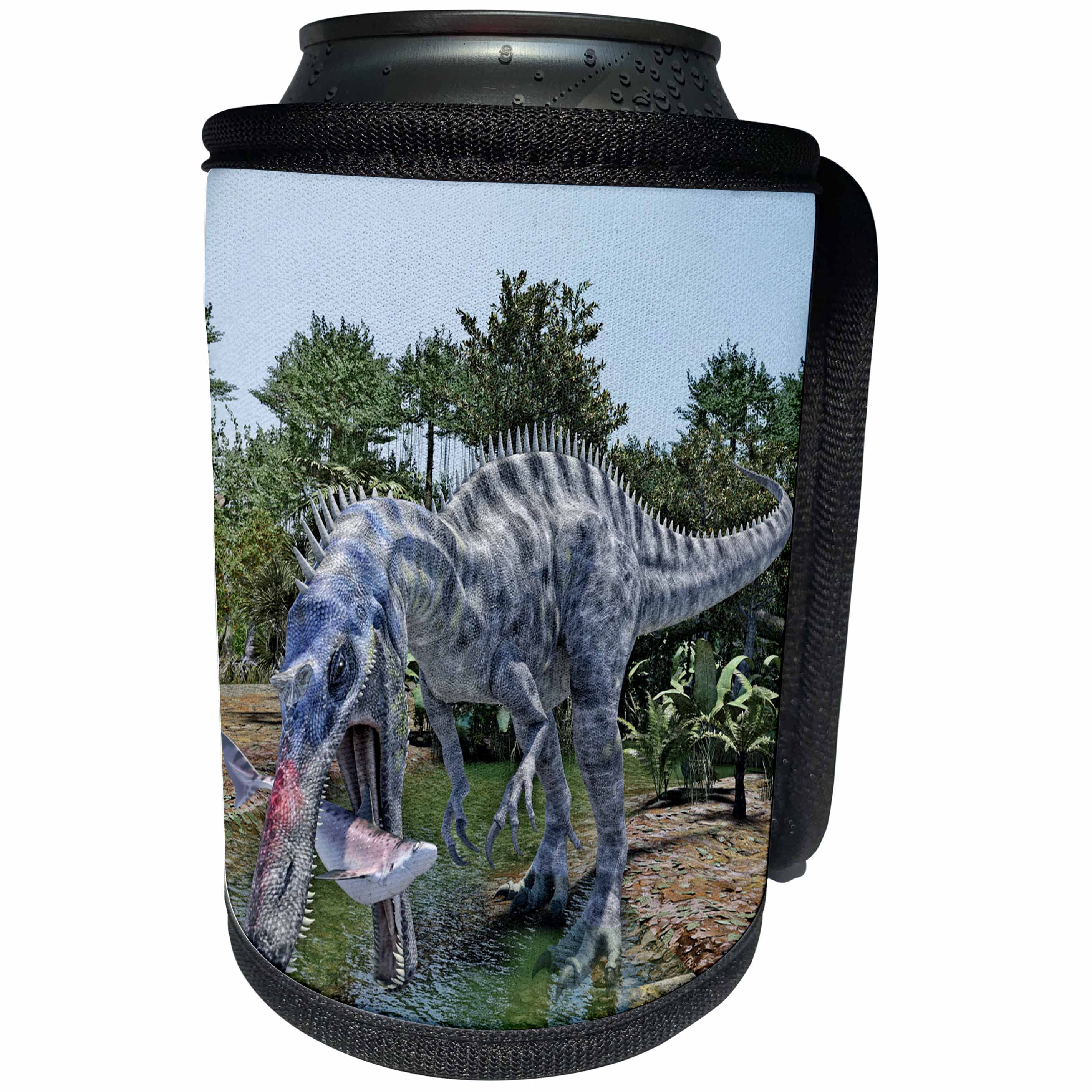 3dRose Boehm Graphics Dinosaur - Suchomimus feeding on a Shark in the Jungle - Can Cooler Bottle Wrap (cc_253985)