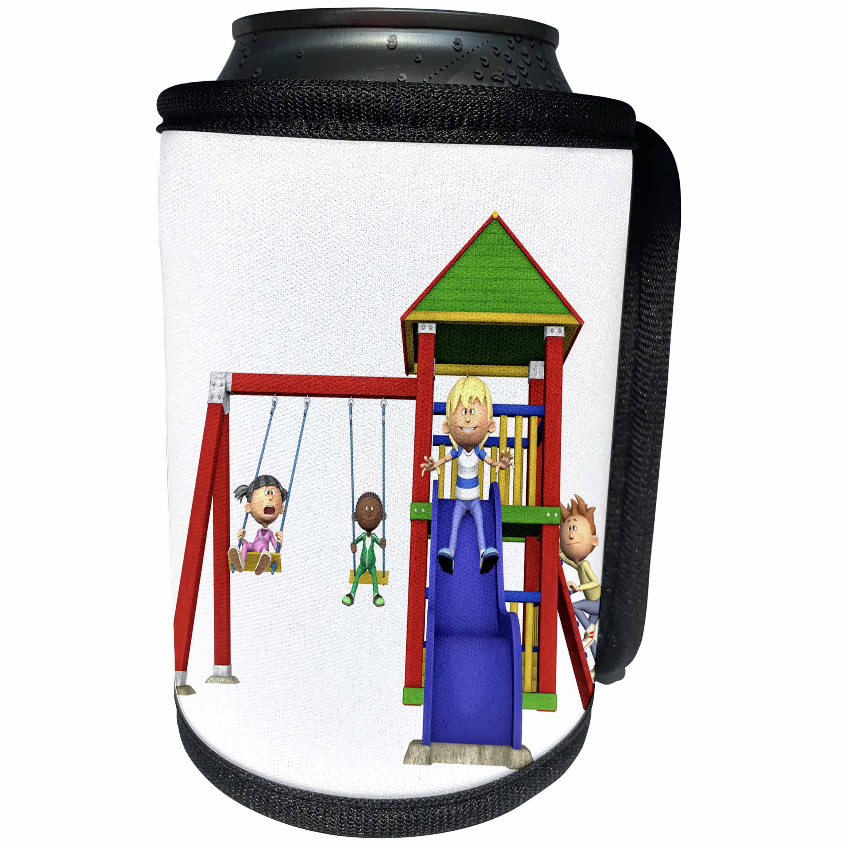 3dRose Boehm Graphics Cartoon - Cartoon Children on a Playground Set - Can Cooler Bottle Wrap (cc_254000)