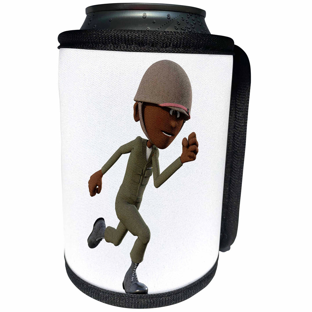 3dRose Boehm Graphics Cartoon - African American Cartoon Soldier Running - Can Cooler Bottle Wrap (cc_254005)