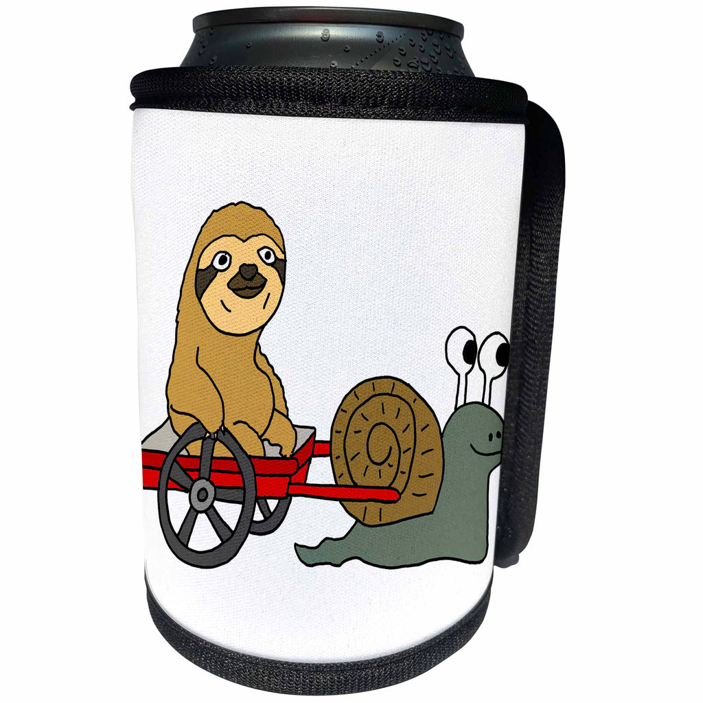 3dRose All Smiles Art Animals - Funny Sloth in Red Wagon Pulled by Snail - Can Cooler Bottle Wrap (cc_254014)