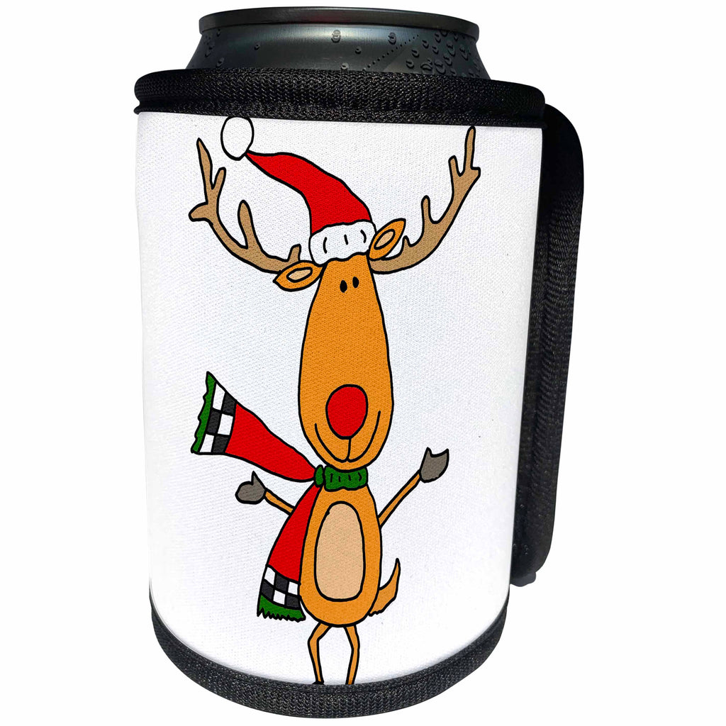 3dRose All Smiles Art Holidays - Cute Christmas Reindeer dressed in Santa hat and Scarf - Can Cooler Bottle Wrap (cc_254022)