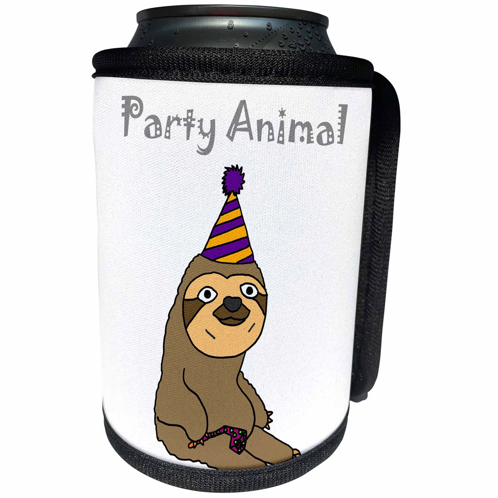 3dRose All Smiles Art Funny - Funny Sloth with Party Hat says Party Animal - Can Cooler Bottle Wrap (cc_254035)
