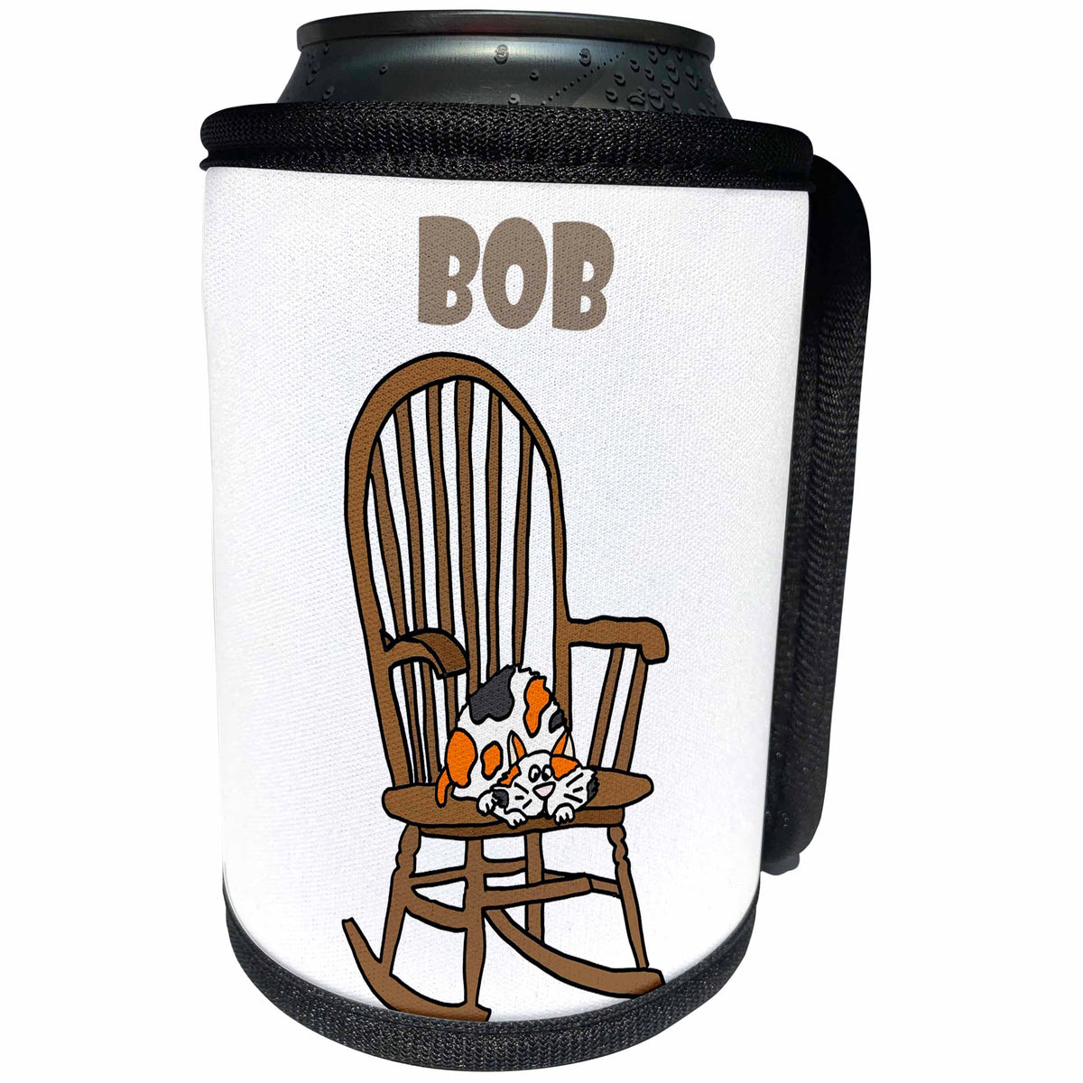 3dRose All Smiles Art Pets - Funny Calico Cat named Bob with Stubby Tail in Rocking Chair - Can Cooler Bottle Wrap (cc_254042)