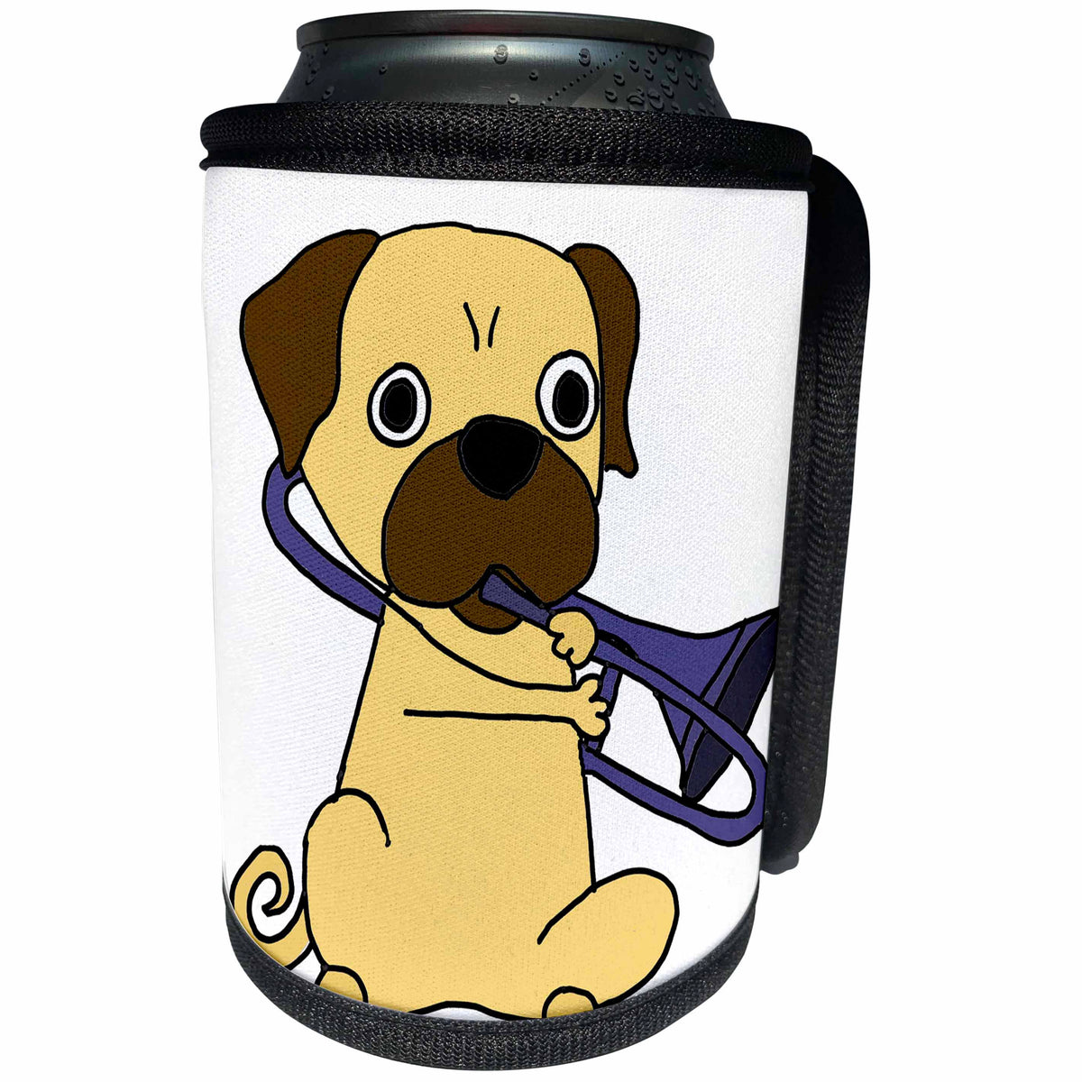 3dRose All Smiles Art Pets - Funny Cool Pug Dog Playing Trombone Cartoon for Dog Lovers - Can Cooler Bottle Wrap (cc_254044)