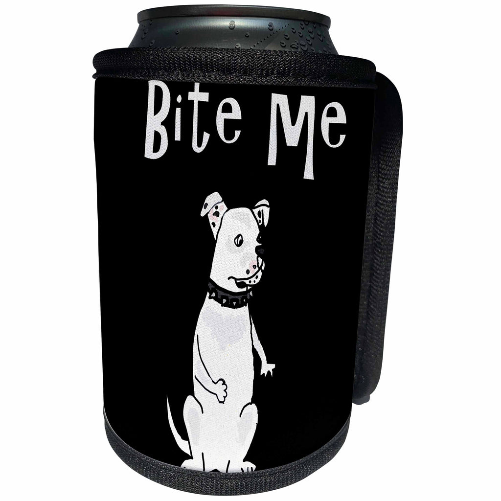 3dRose All Smiles Art Pets - Funny White American Bulldog in Spiked Collar says Bite Me - Can Cooler Bottle Wrap (cc_254047)