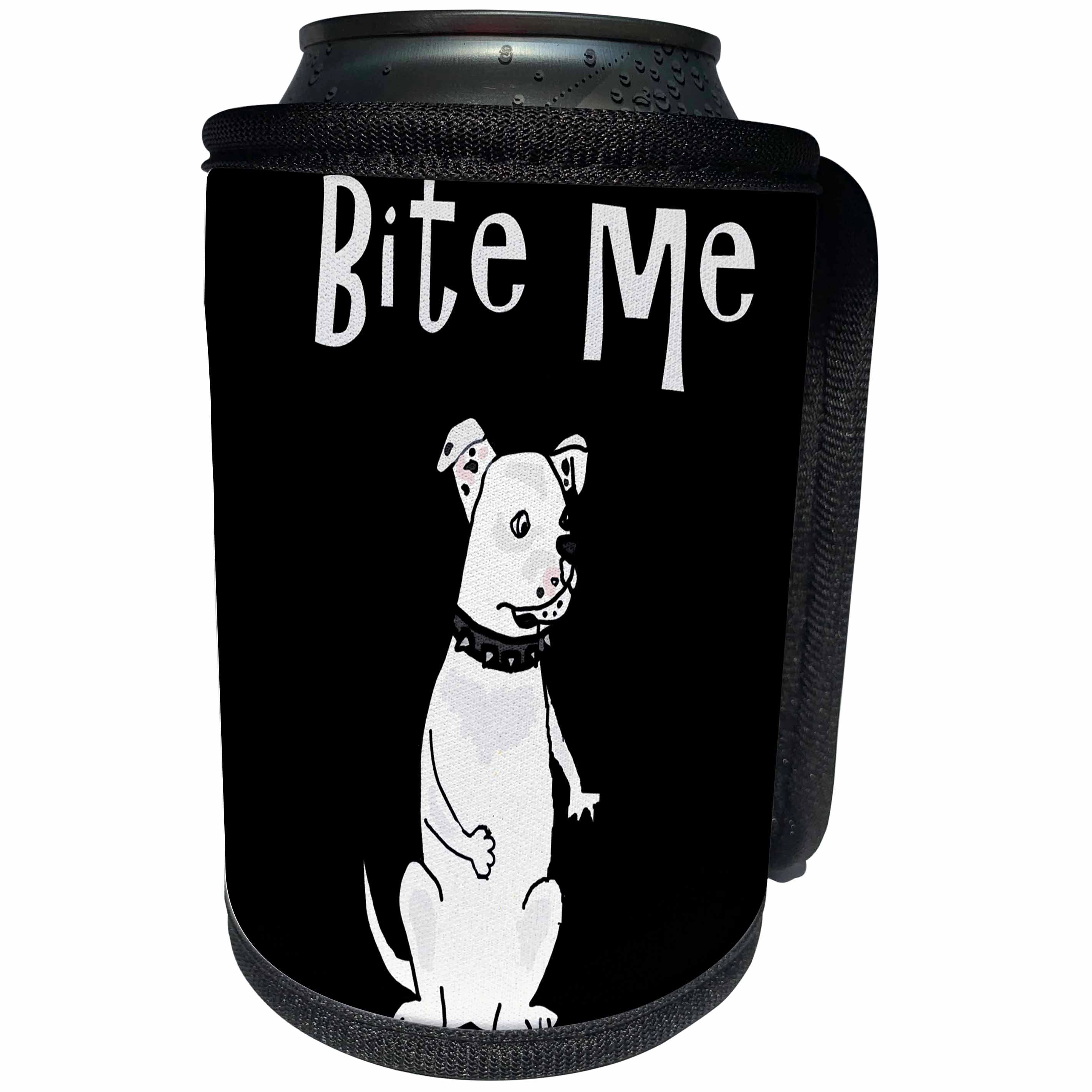 3dRose All Smiles Art Pets - Funny White American Bulldog in Spiked Collar says Bite Me - Can Cooler Bottle Wrap (cc_254047)
