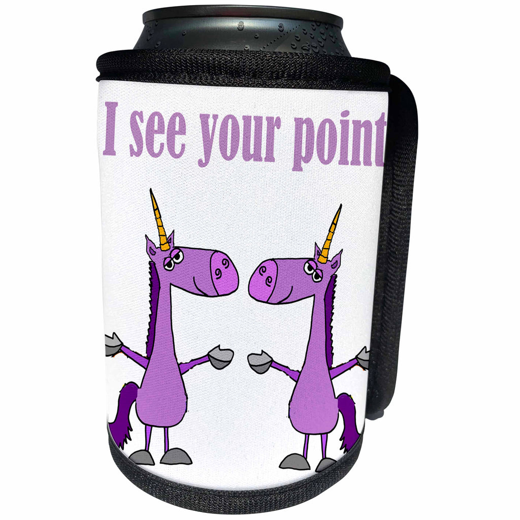 3dRose All Smiles Art Dragons and Unicorns - Funny Unicorn says I see your Point to another Unicorn - Can Cooler Bottle Wrap (cc_254059)