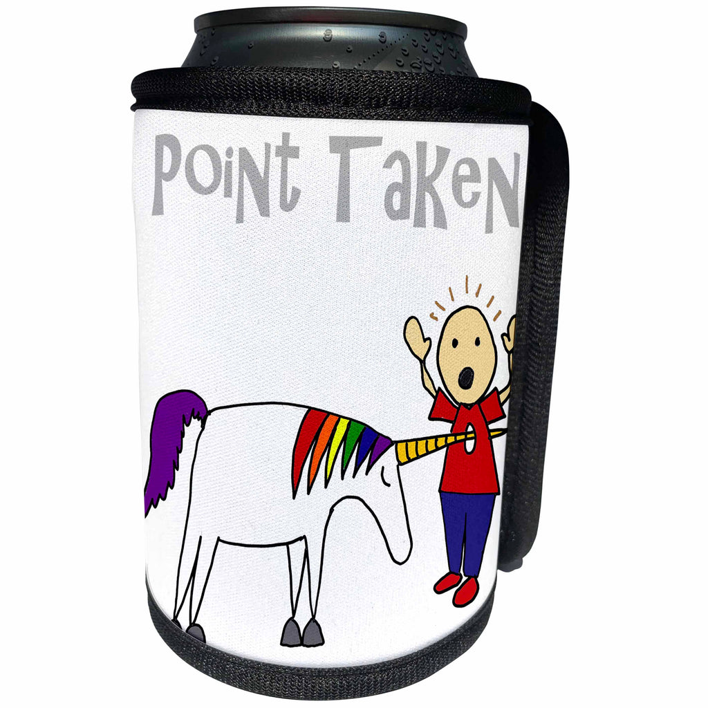 3dRose All Smiles Art Dragons and Unicorns - Funny Point Taken Unicorn Poking Horn through Stick Figure - Can Cooler Bottle Wrap (cc_254061)