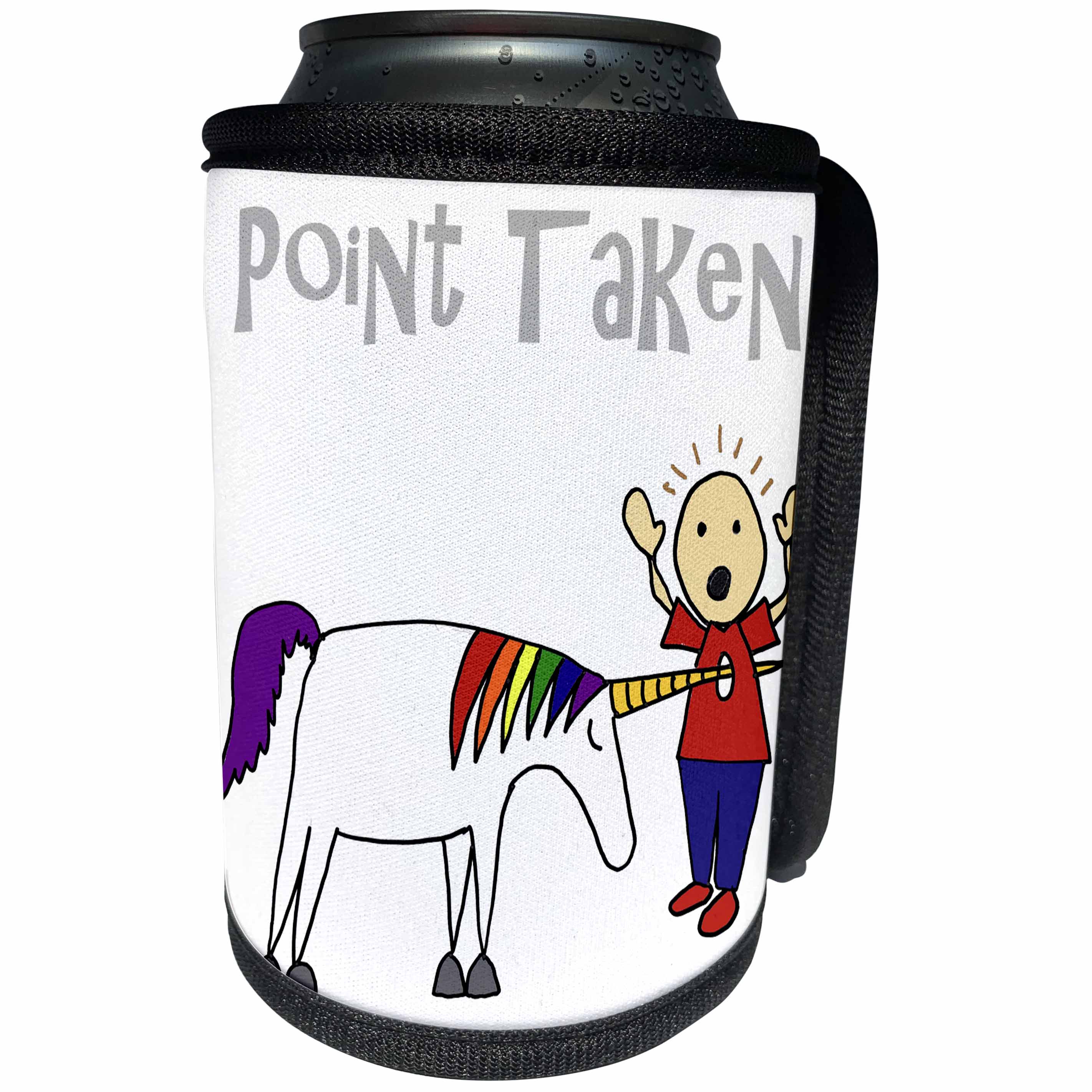 3dRose All Smiles Art Dragons and Unicorns - Funny Point Taken Unicorn Poking Horn through Stick Figure - Can Cooler Bottle Wrap (cc_254061)