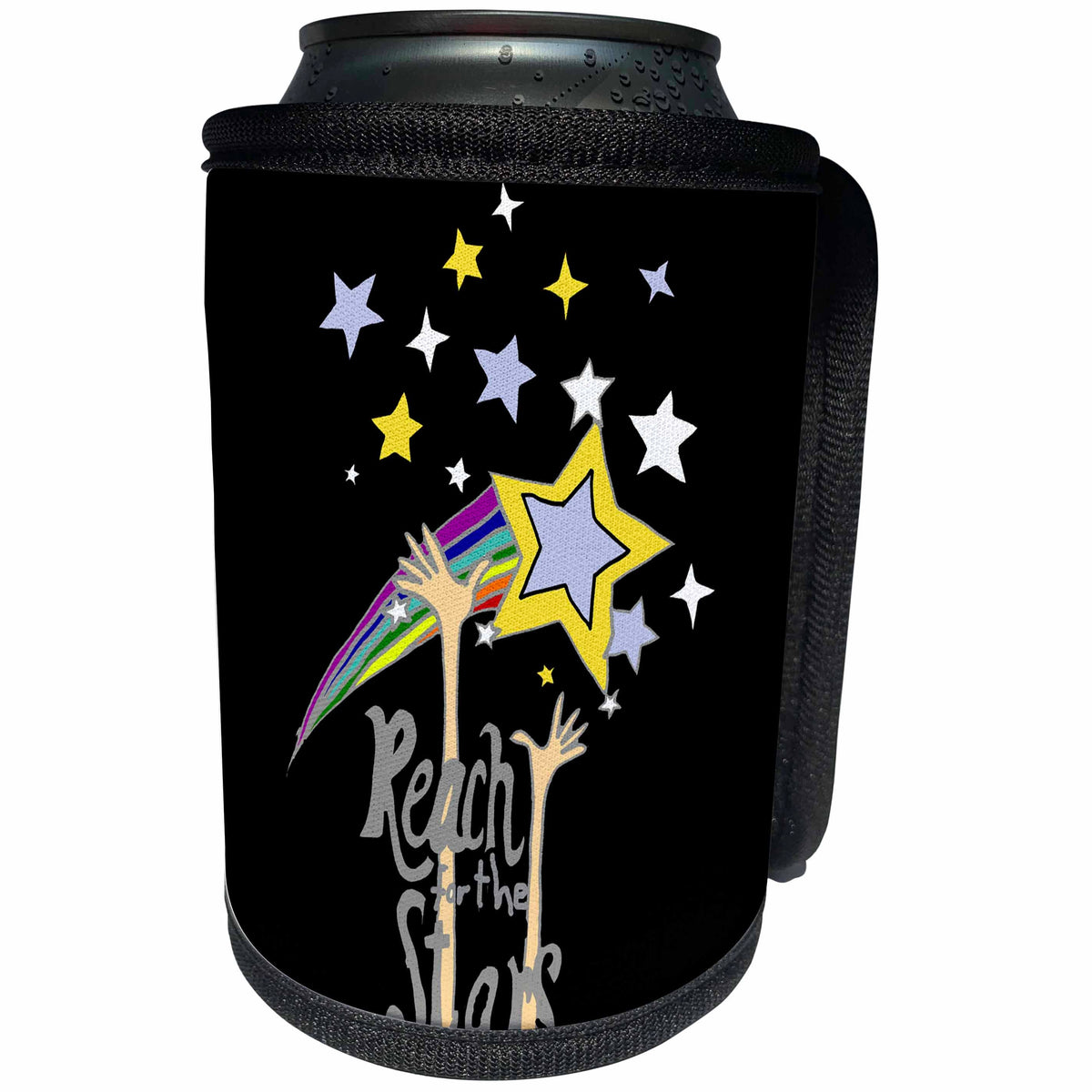 3dRose All Smiles Art Inspiration - Fun Artistic Reach for the Stars Abstract with Hands Reaching - Can Cooler Bottle Wrap (cc_254062)